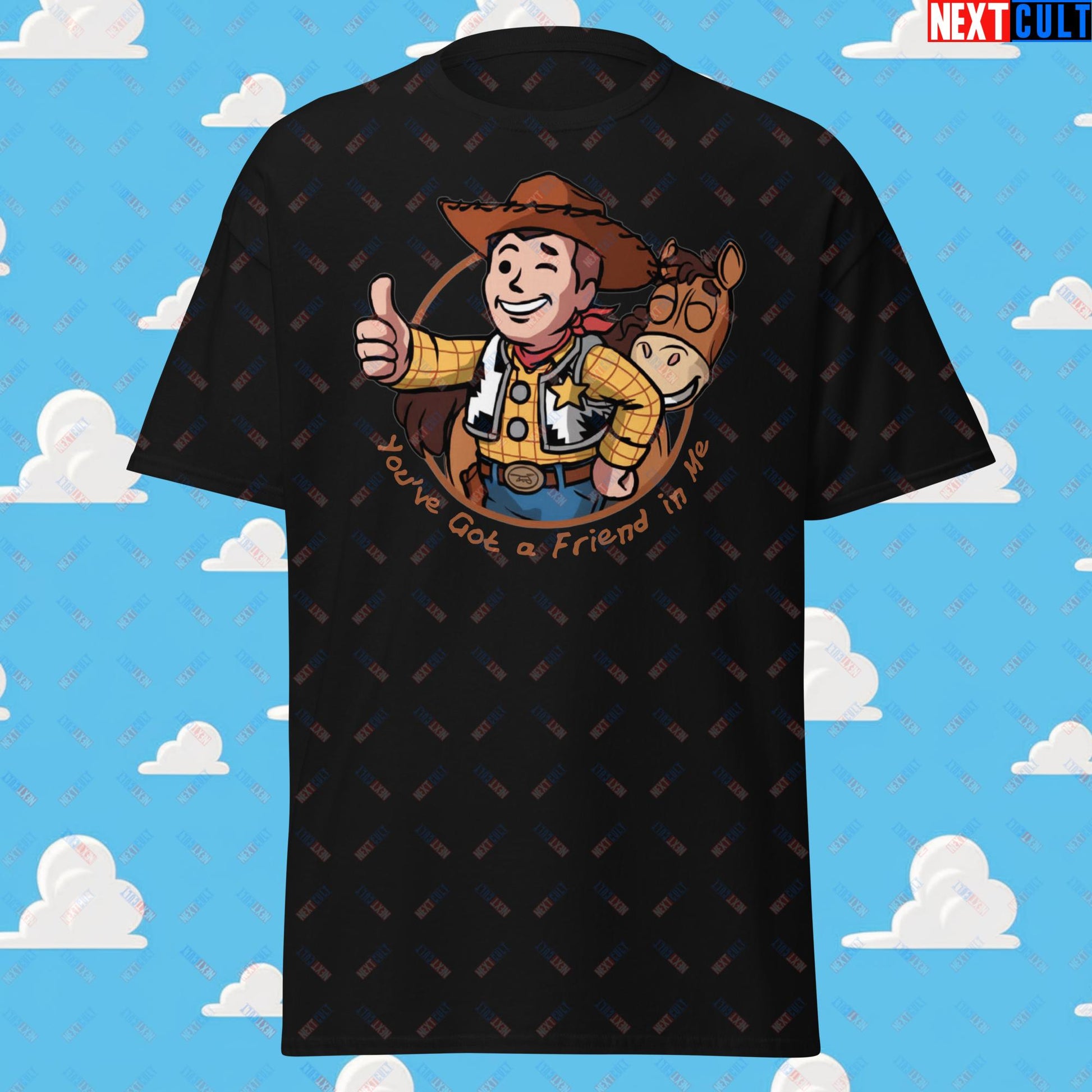 Cowboy Woody Toy Story Vault Boy Fallout Funny Meme Cartoon Mashup Unisex tee Black T-shirts Fallout Movies Toy Story Vault Boy Next Cult Brand