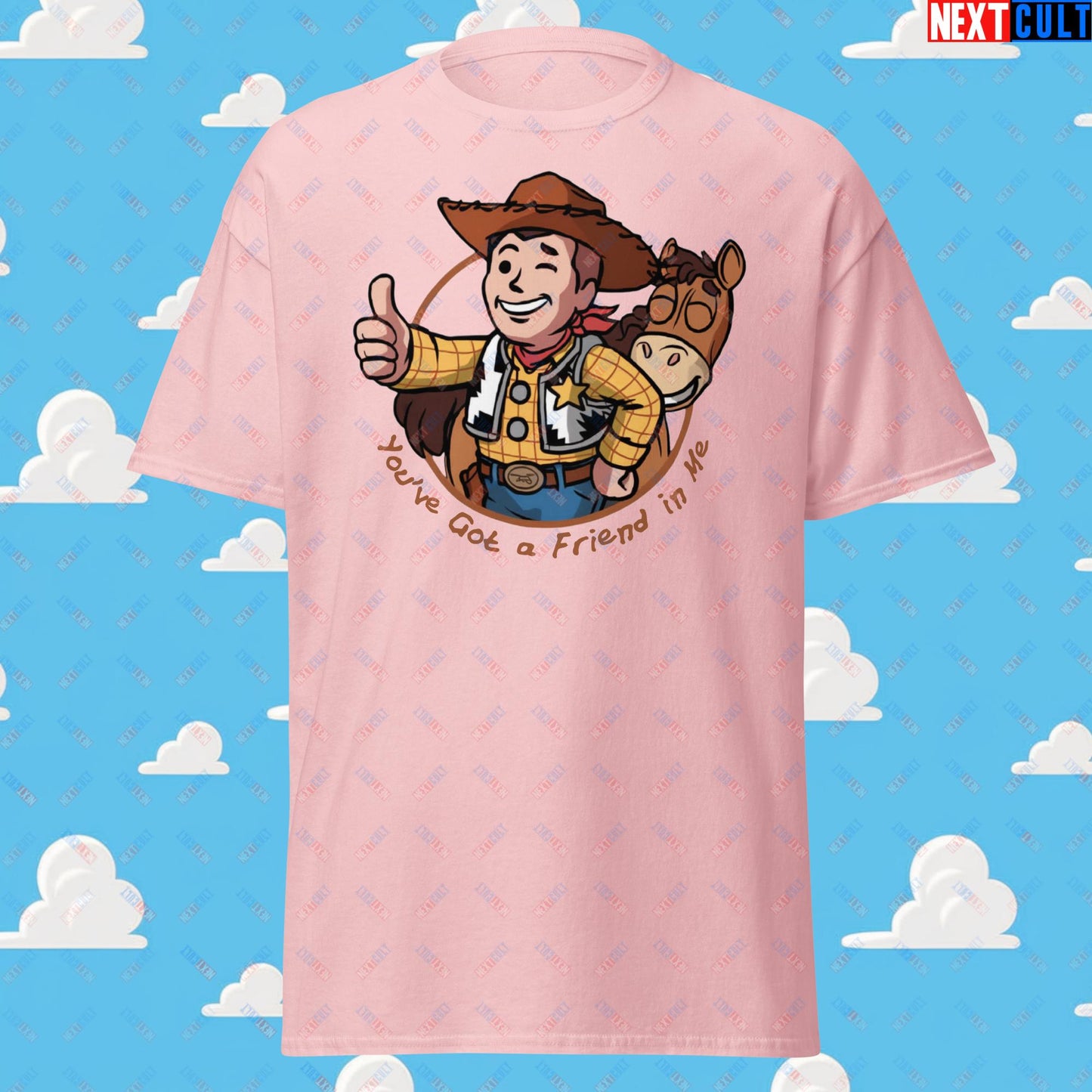 Cowboy Woody Toy Story Vault Boy Fallout Funny Meme Cartoon Mashup Unisex tee Light Pink T-shirts Fallout Movies Toy Story Vault Boy Next Cult Brand