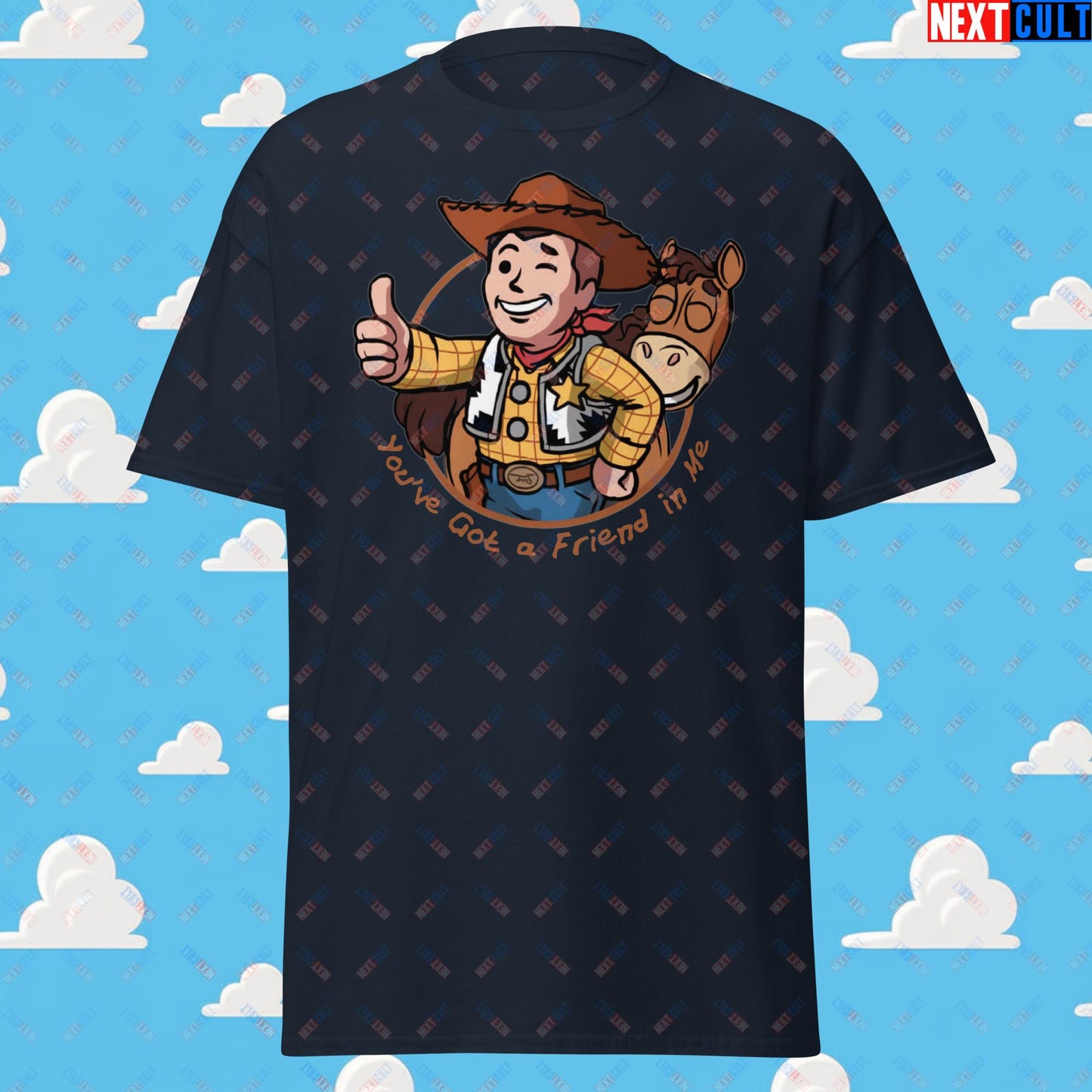 Cowboy Woody Toy Story Vault Boy Fallout Funny Meme Cartoon Mashup Unisex tee Navy T-shirts Fallout Movies Toy Story Vault Boy Next Cult Brand