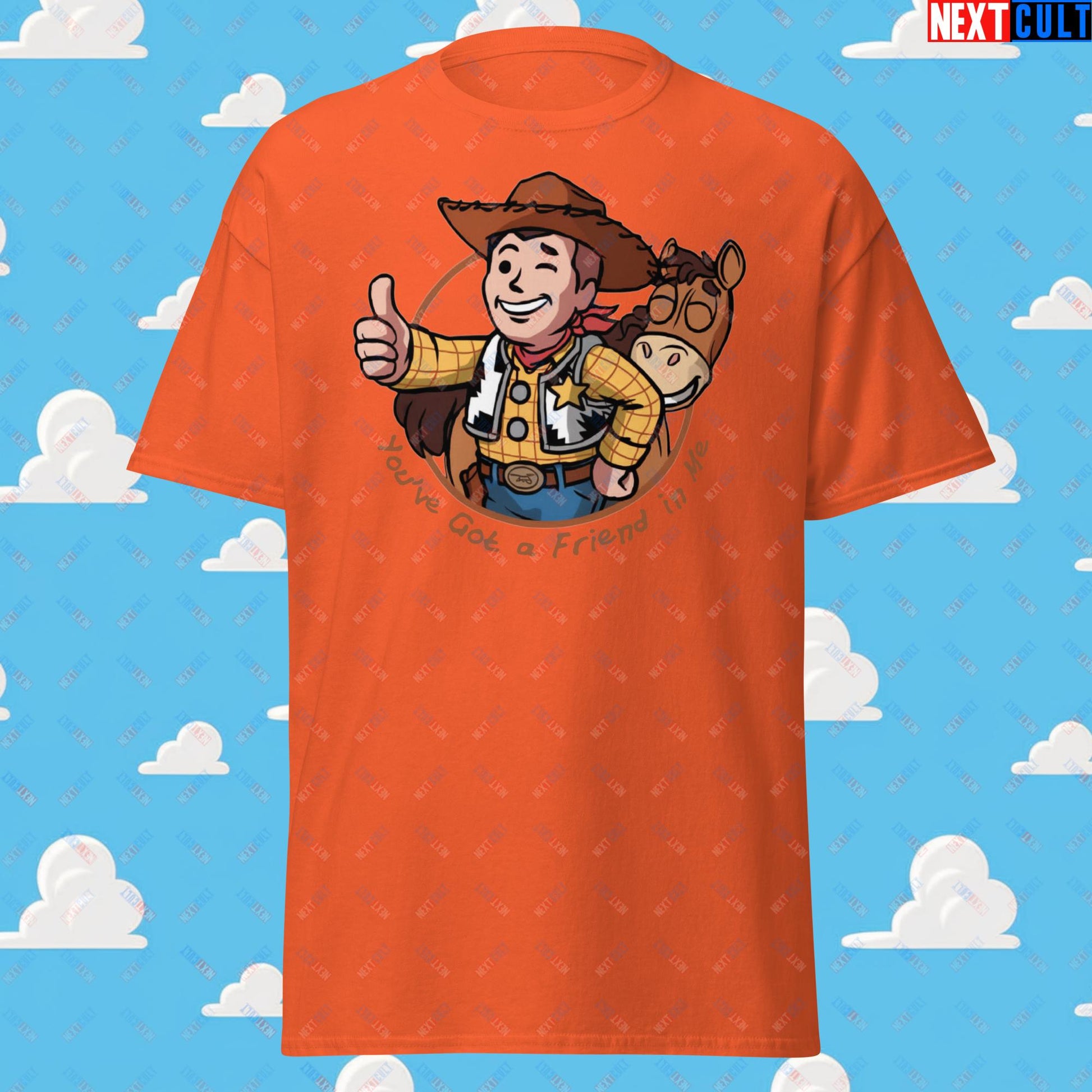 Cowboy Woody Toy Story Vault Boy Fallout Funny Meme Cartoon Mashup Unisex tee Orange T-shirts Fallout Movies Toy Story Vault Boy Next Cult Brand