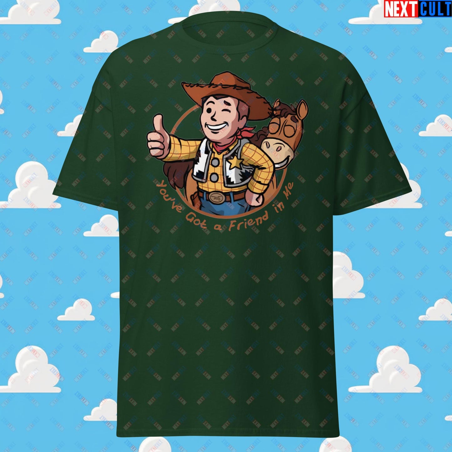 Cowboy Woody Toy Story Vault Boy Fallout Funny Meme Cartoon Mashup Unisex tee Forest Green T-shirts Fallout Movies Toy Story Vault Boy Next Cult Brand