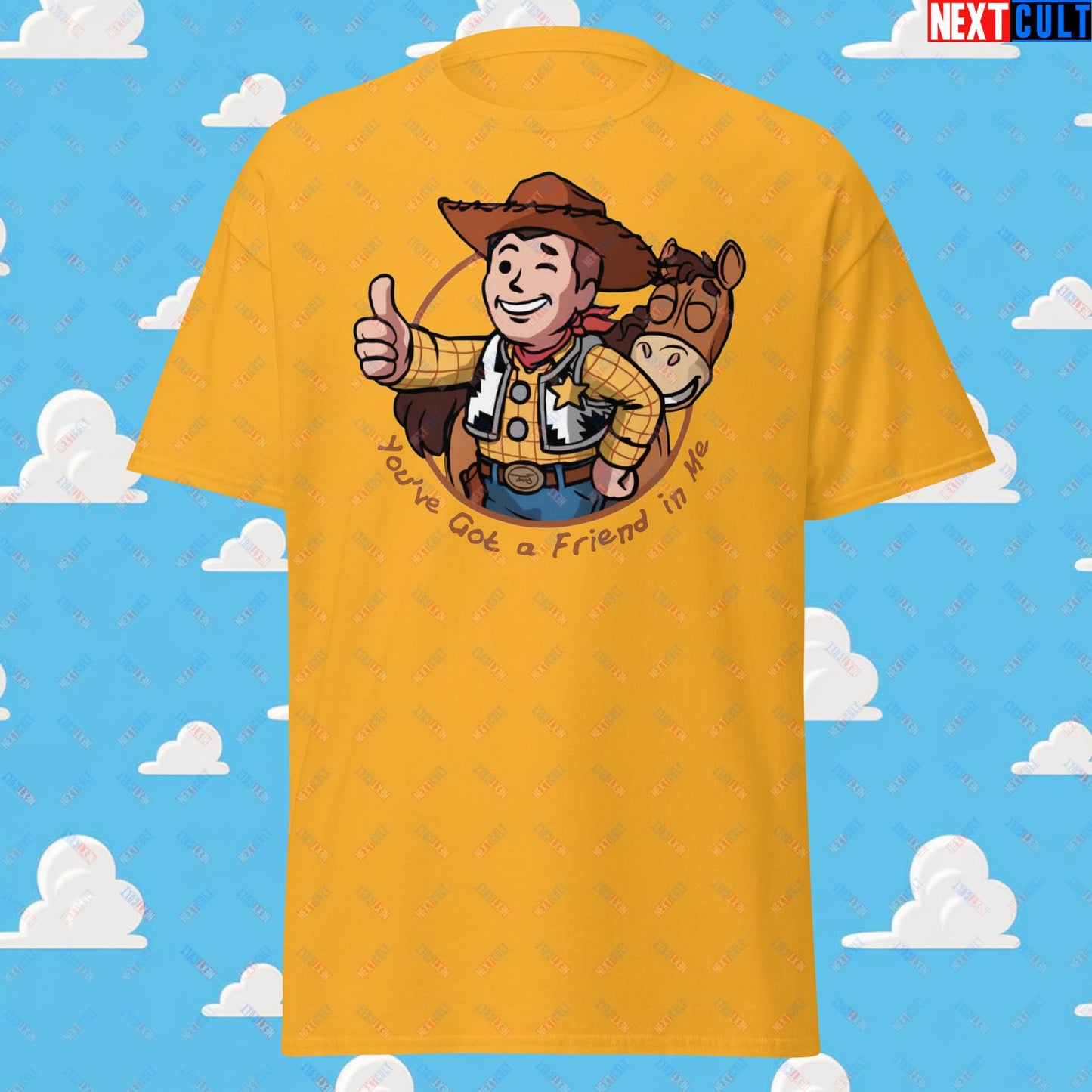 Cowboy Woody Toy Story Vault Boy Fallout Funny Meme Cartoon Mashup Unisex tee Gold T-shirts Fallout Movies Toy Story Vault Boy Next Cult Brand