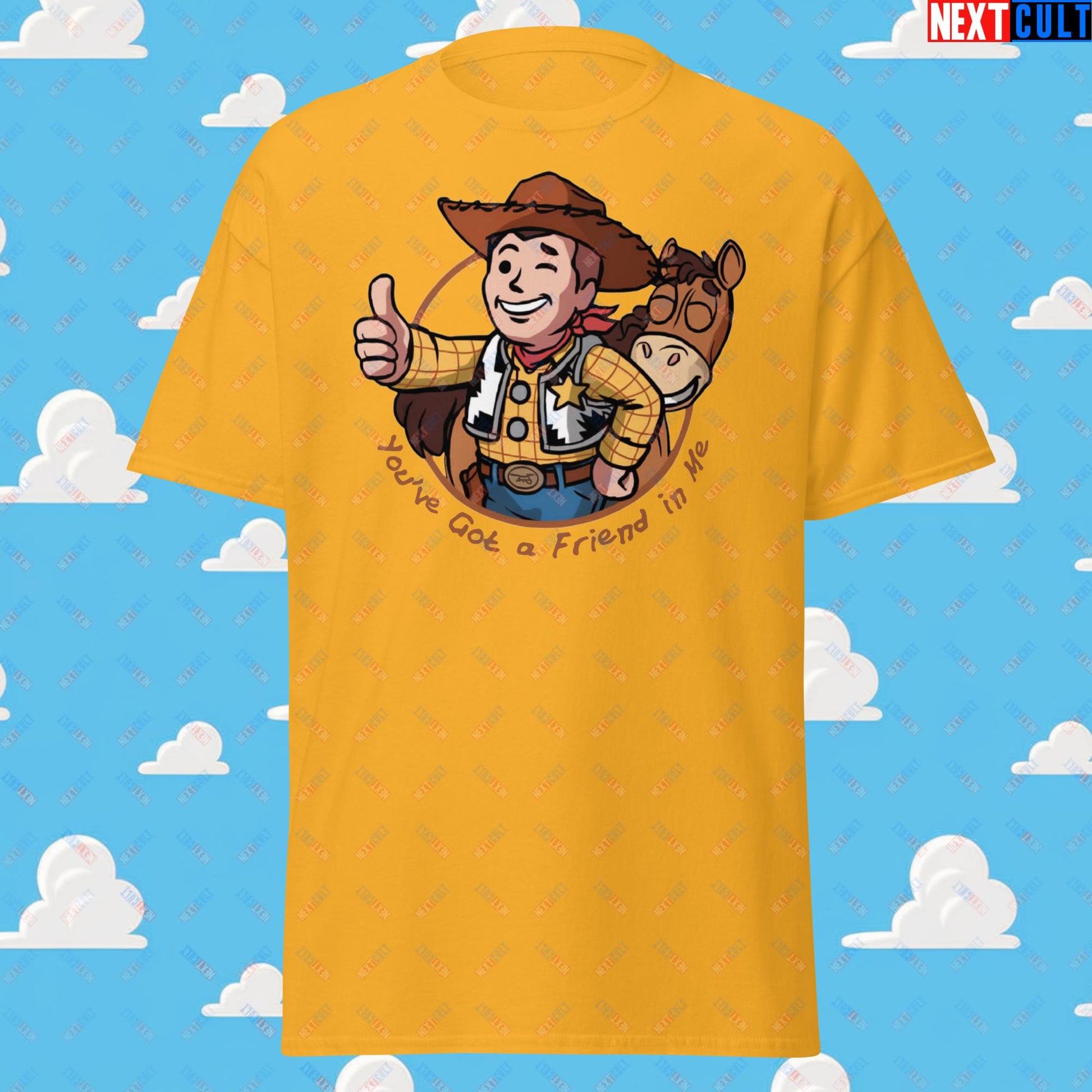 Cowboy Woody Toy Story Vault Boy Fallout Funny Meme Cartoon Mashup Unisex tee Gold T-shirts Fallout Movies Toy Story Vault Boy Next Cult Brand