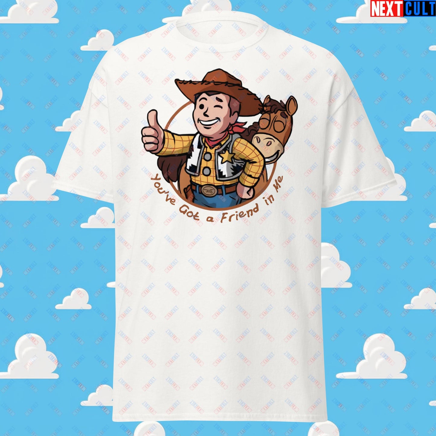 Cowboy Woody Toy Story Vault Boy Fallout Funny Meme Cartoon Mashup Unisex tee White T-shirts Fallout Movies Toy Story Vault Boy Next Cult Brand