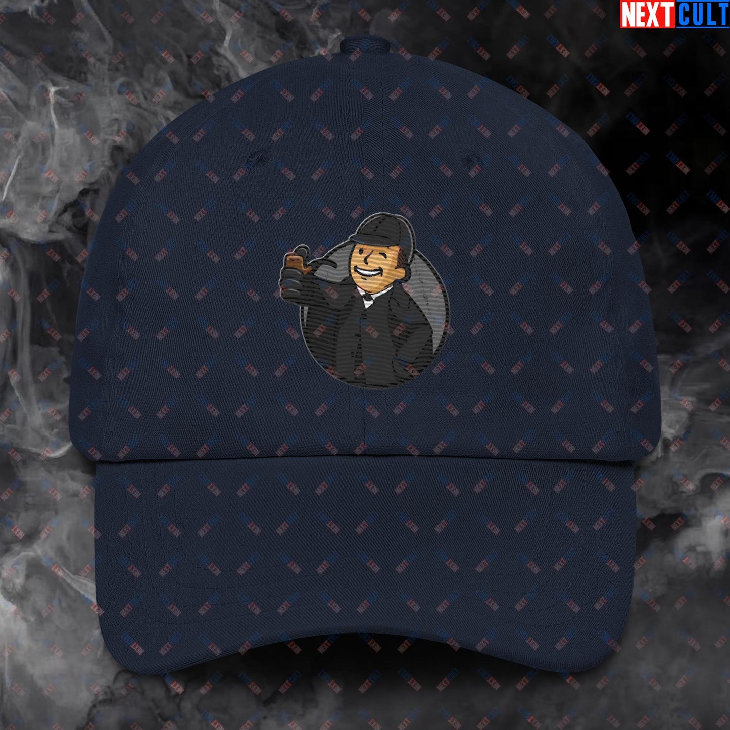 Detective Boy Sherlock Holmes Vault Boy Fallout Funny Meme Cartoon Mashup Dad hat Navy Hats Fallout Movies Sherlock Holmes TV Shows Vault Boy Next Cult Brand