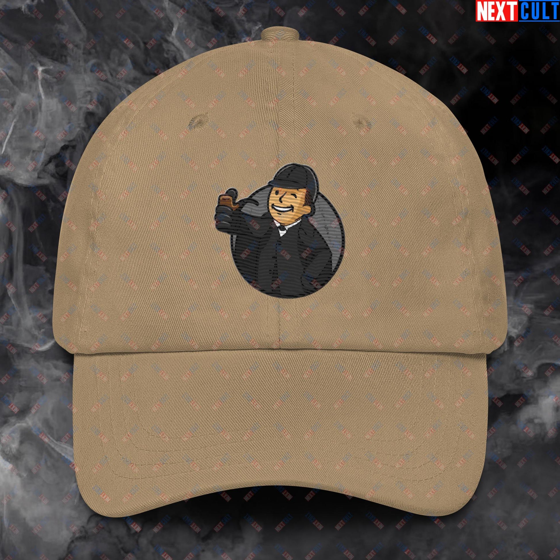 Detective Boy Sherlock Holmes Vault Boy Fallout Funny Meme Cartoon Mashup Dad hat Khaki Hats Fallout Movies Sherlock Holmes TV Shows Vault Boy Next Cult Brand