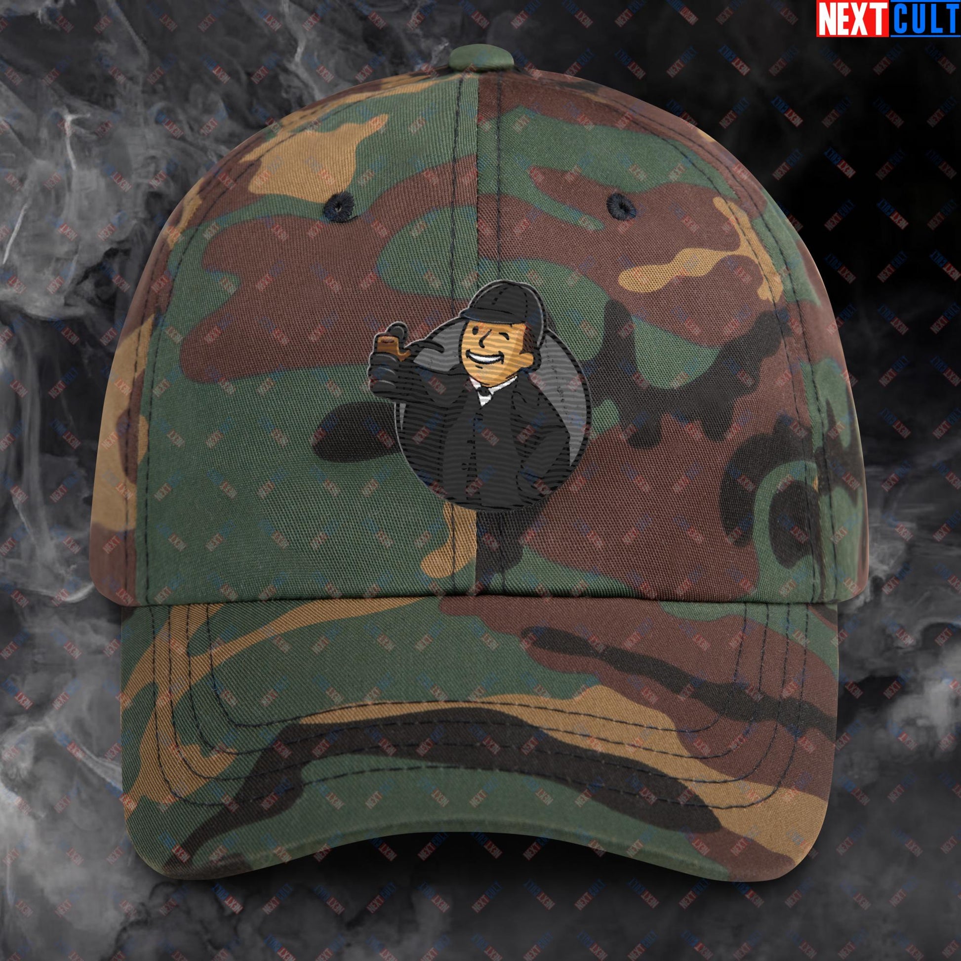 Detective Boy Sherlock Holmes Vault Boy Fallout Funny Meme Cartoon Mashup Dad hat Green Camo Hats Fallout Movies Sherlock Holmes TV Shows Vault Boy Next Cult Brand