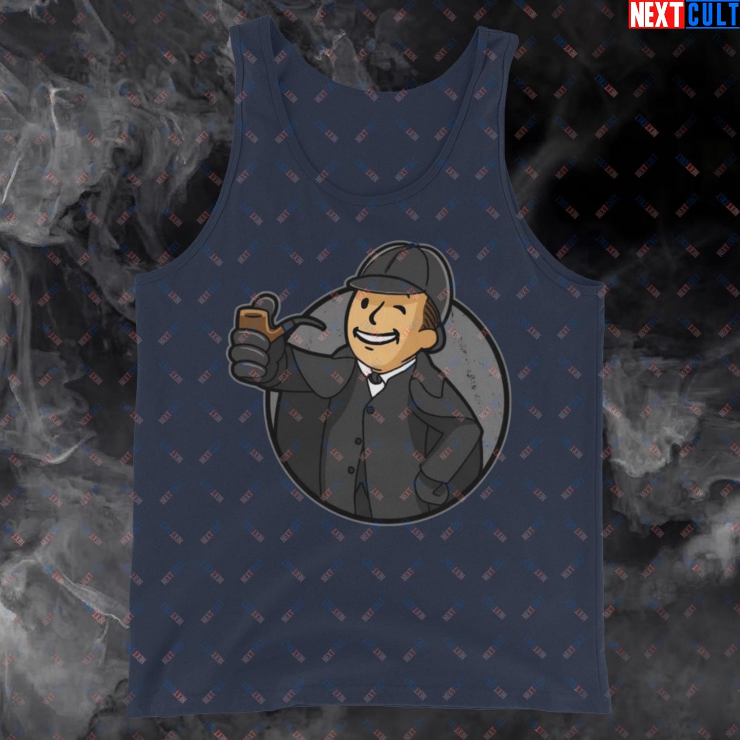 Detective Boy Sherlock Holmes Vault Boy Fallout Funny Meme Cartoon Mashup Tank Top Navy Tank Tops Fallout Movies Sherlock Holmes TV Shows Vault Boy Next Cult Brand