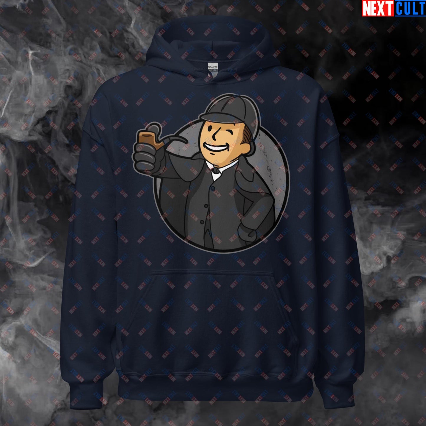 Detective Boy Sherlock Holmes Vault Boy Fallout Funny Meme Cartoon Mashup Unisex Hoodie Navy Hoodies Fallout Movies Sherlock Holmes TV Shows Vault Boy Next Cult Brand