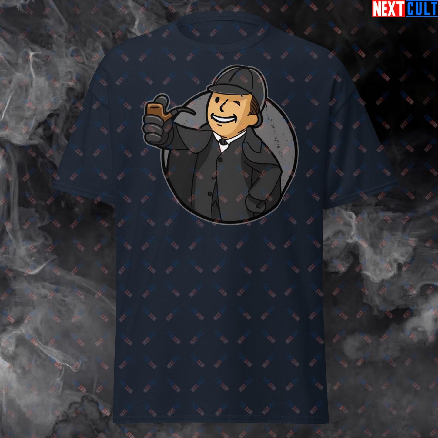 Detective Boy Sherlock Holmes Vault Boy Fallout Funny Meme Cartoon Mashup Unisex classic tee Navy T-shirts Fallout Movies Sherlock Holmes TV Shows Vault Boy Next Cult Brand