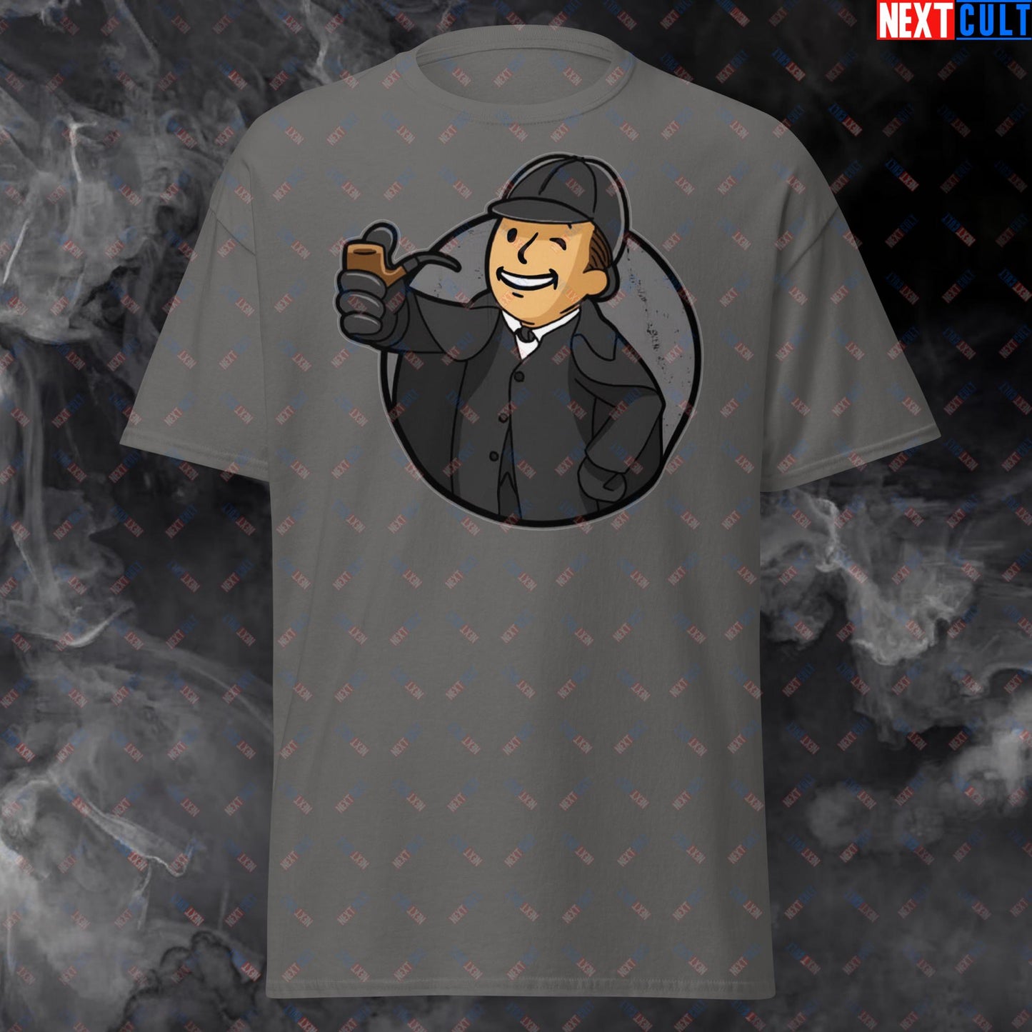 Detective Boy Sherlock Holmes Vault Boy Fallout Funny Meme Cartoon Mashup Unisex classic tee Charcoal T-shirts Fallout Movies Sherlock Holmes TV Shows Vault Boy Next Cult Brand