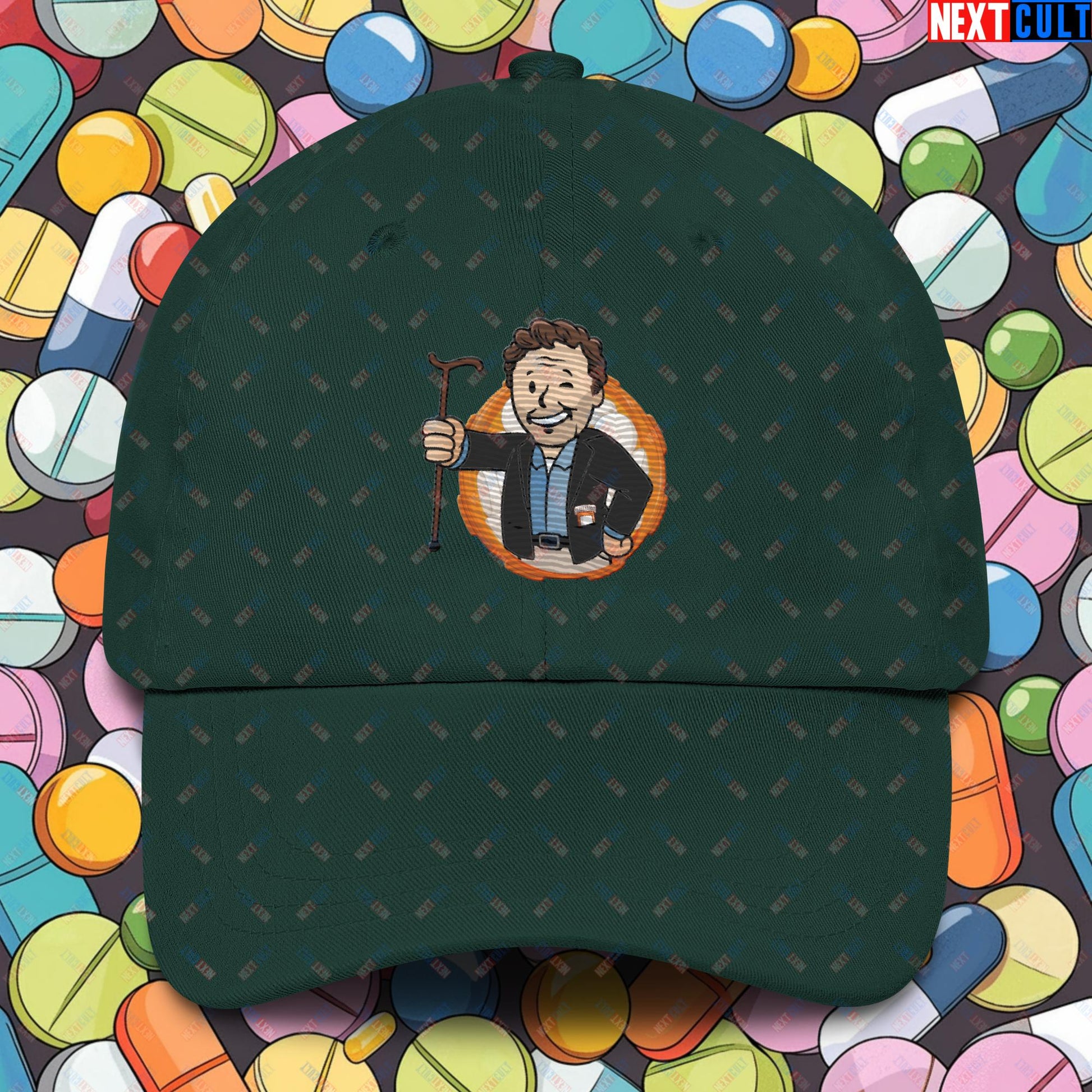 Doctor House M.D. Vault Boy Fallout Funny Meme Cartoon Mashup Dad hat Spruce Hats Fallout House M.D. TV Shows Vault Boy Next Cult Brand