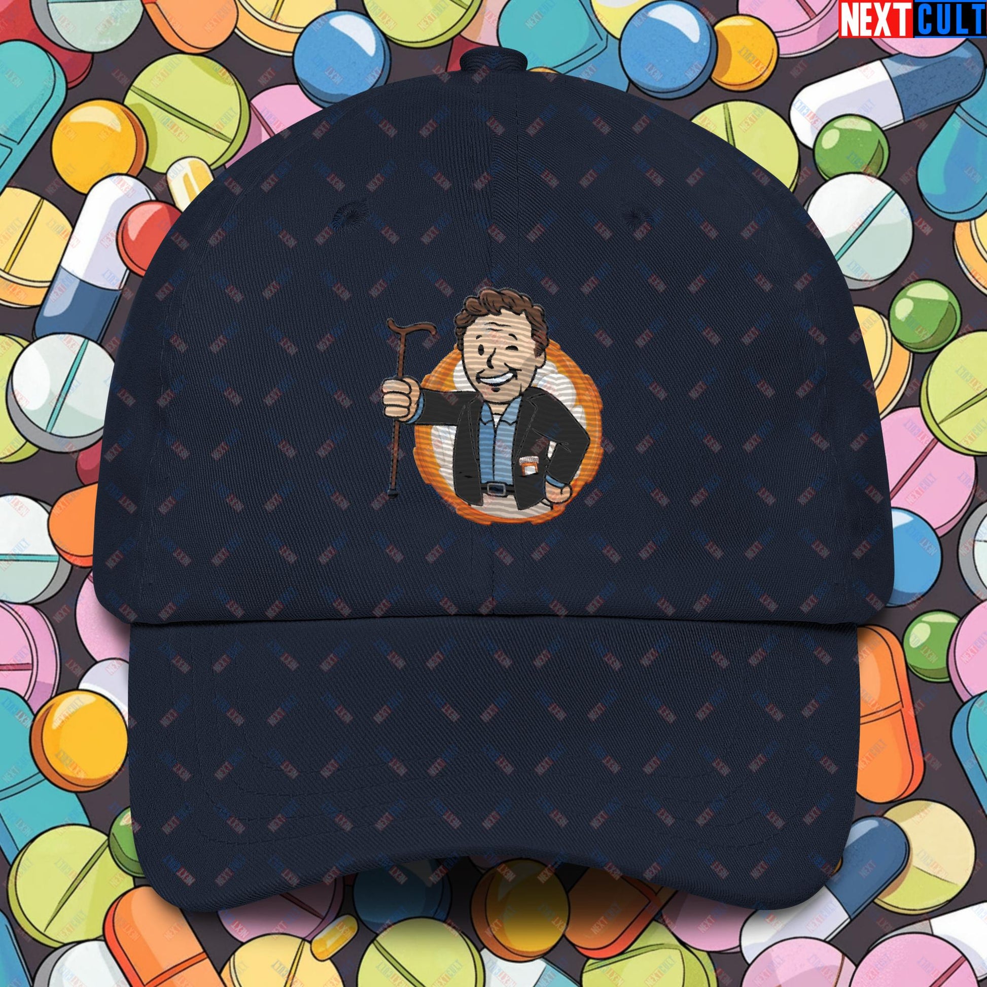 Doctor House M.D. Vault Boy Fallout Funny Meme Cartoon Mashup Dad hat Navy Hats Fallout House M.D. TV Shows Vault Boy Next Cult Brand