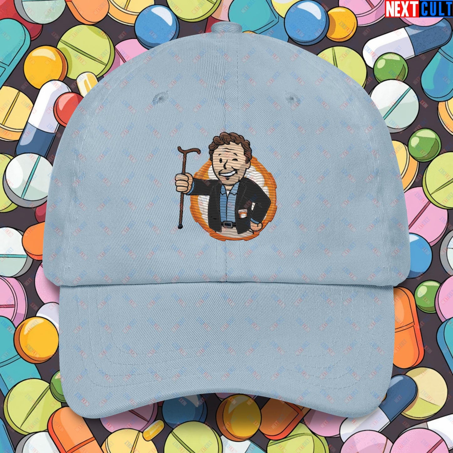 Doctor House M.D. Vault Boy Fallout Funny Meme Cartoon Mashup Dad hat Next Cult Brand