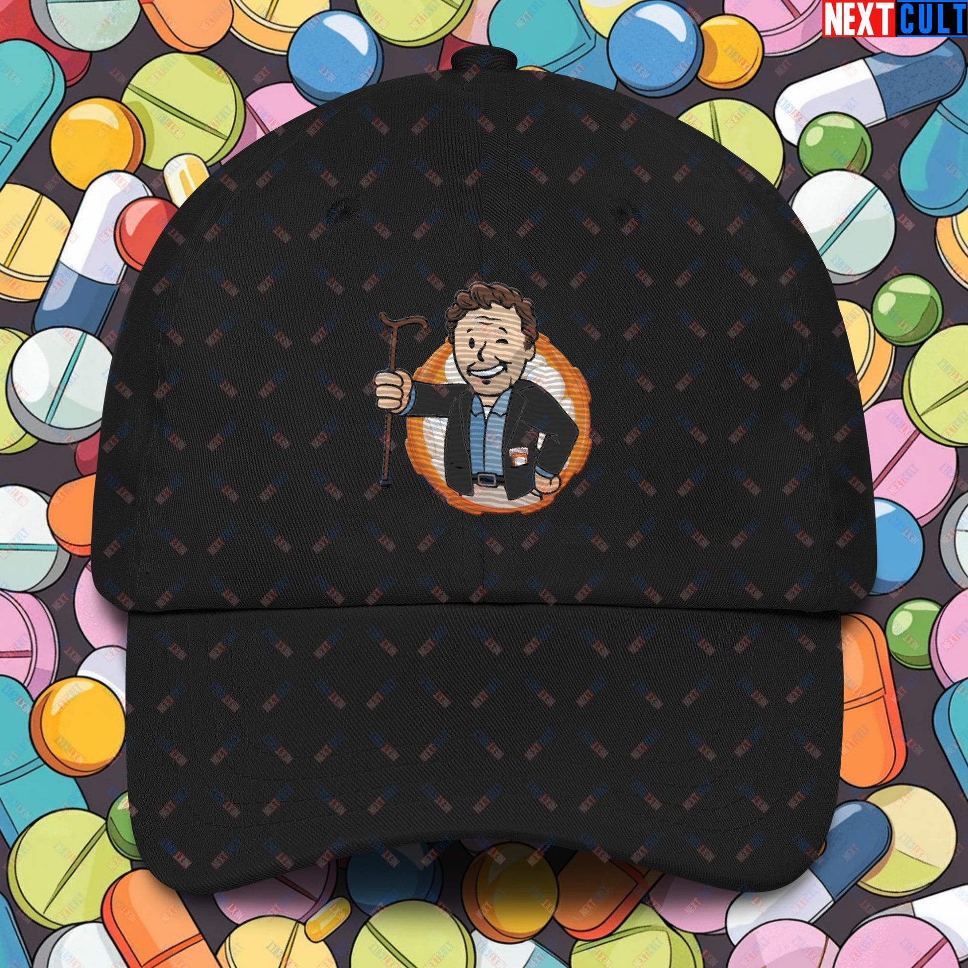 Doctor House M.D. Vault Boy Fallout Funny Meme Cartoon Mashup Dad hat Black Hats Fallout House M.D. TV Shows Vault Boy Next Cult Brand