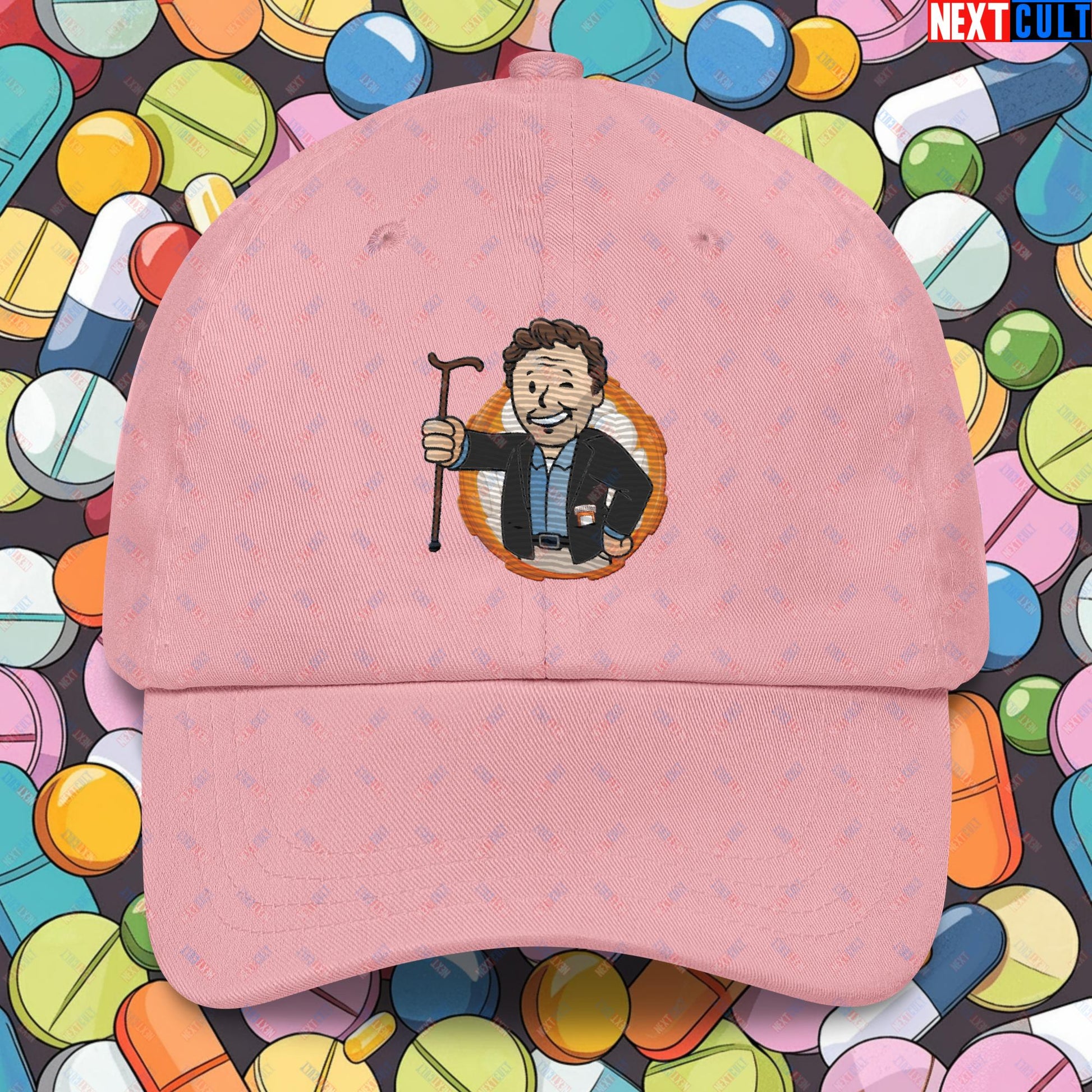 Doctor House M.D. Vault Boy Fallout Funny Meme Cartoon Mashup Dad hat Pink Hats Fallout House M.D. TV Shows Vault Boy Next Cult Brand