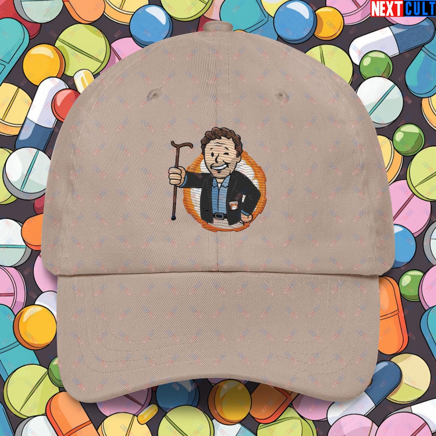 Doctor House M.D. Vault Boy Fallout Funny Meme Cartoon Mashup Dad hat Stone Hats Fallout House M.D. TV Shows Vault Boy Next Cult Brand