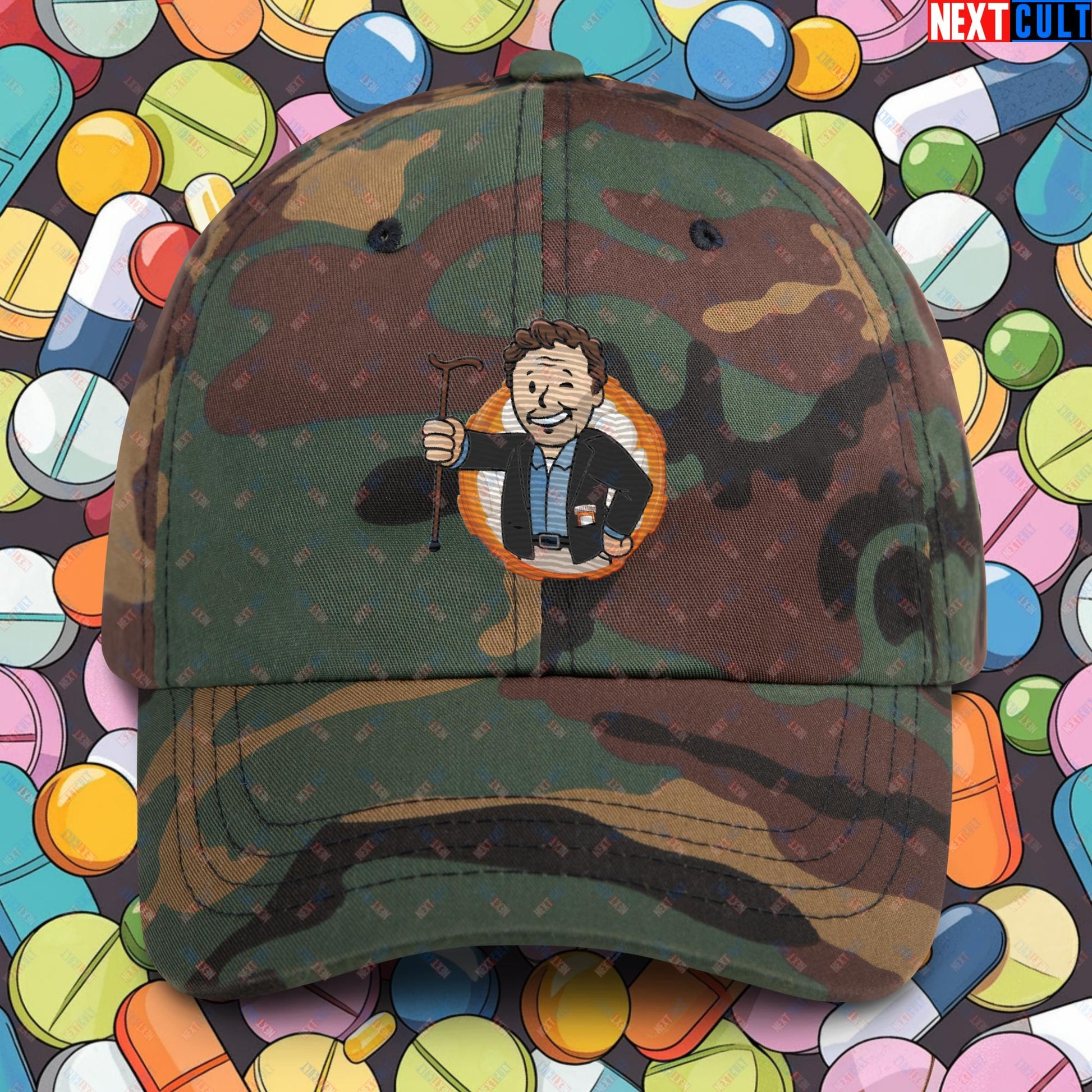 Doctor House M.D. Vault Boy Fallout Funny Meme Cartoon Mashup Dad hat Green Camo Hats Fallout House M.D. TV Shows Vault Boy Next Cult Brand