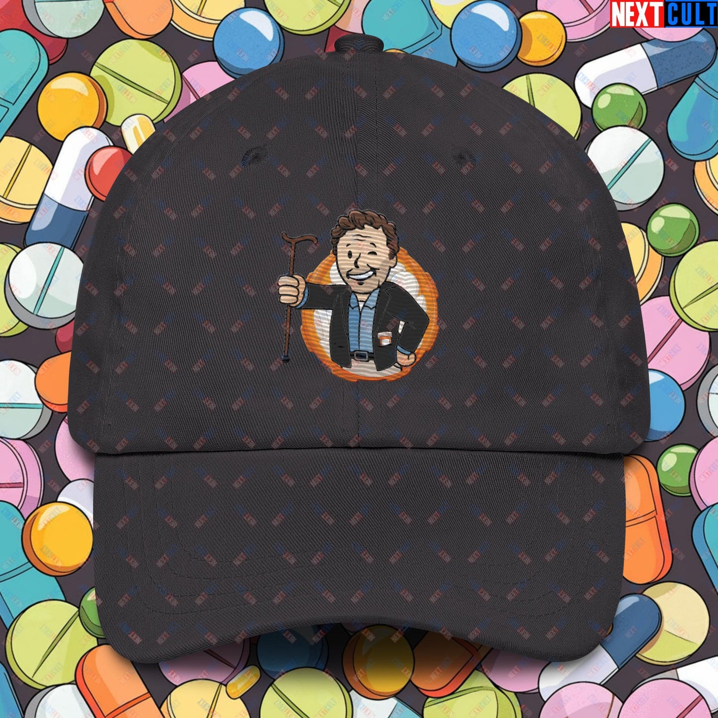 Doctor House M.D. Vault Boy Fallout Funny Meme Cartoon Mashup Dad hat Dark Grey Hats Fallout House M.D. TV Shows Vault Boy Next Cult Brand