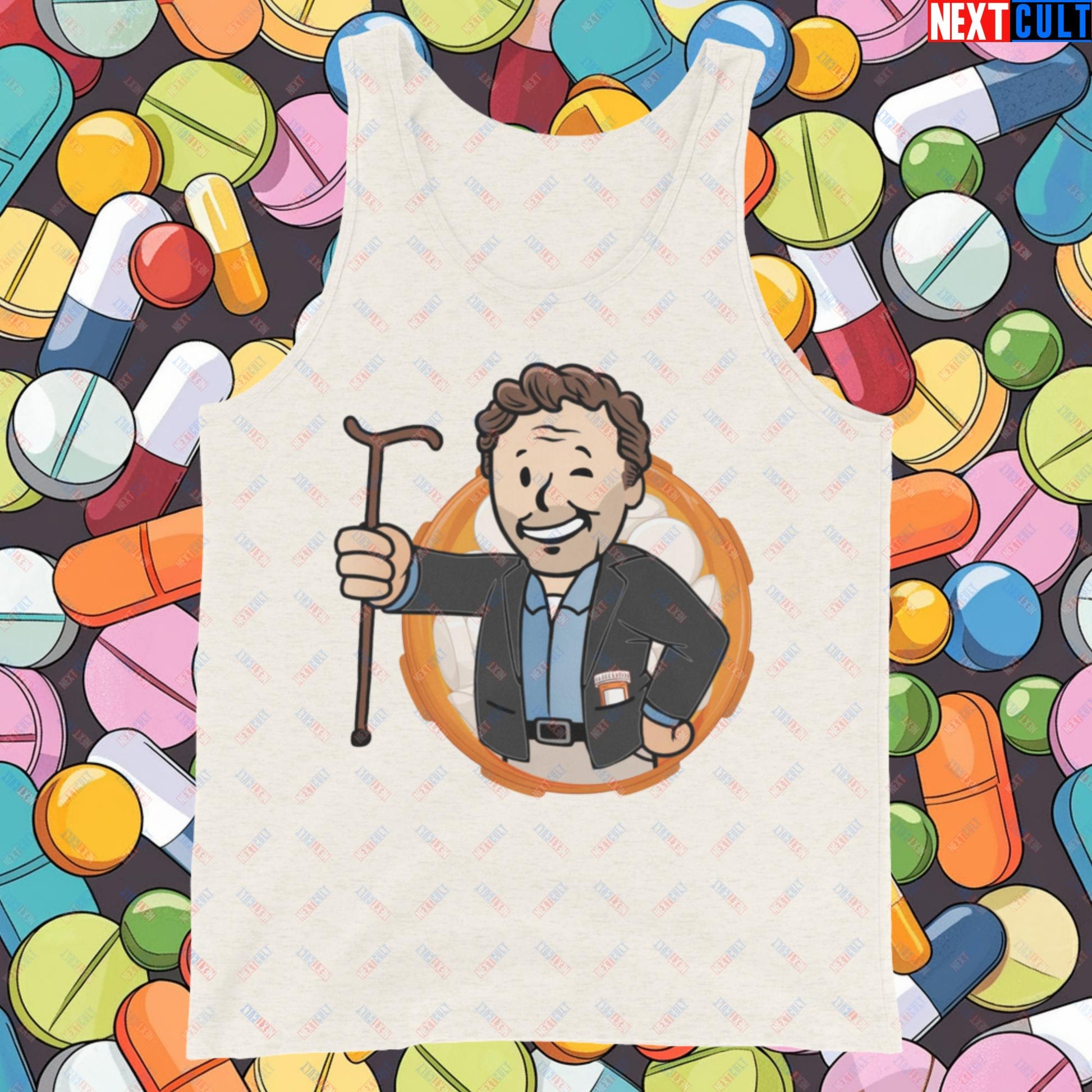 Doctor House M.D. Vault Boy Fallout Funny Meme Cartoon Mashup Tank Top Oatmeal Triblend Tank Tops Fallout House M.D. TV Shows Vault Boy Next Cult Brand