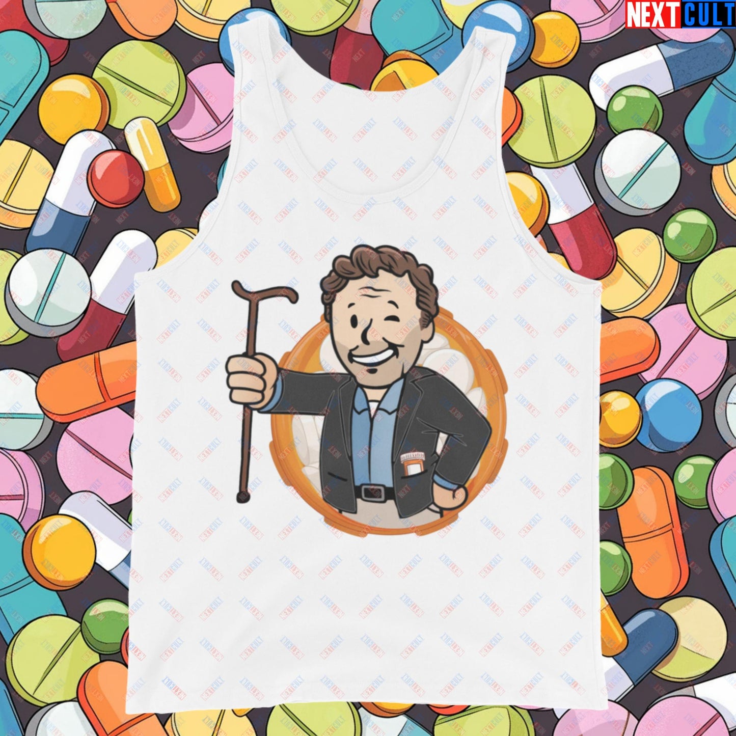 Doctor House M.D. Vault Boy Fallout Funny Meme Cartoon Mashup Tank Top White Tank Tops Fallout House M.D. TV Shows Vault Boy Next Cult Brand