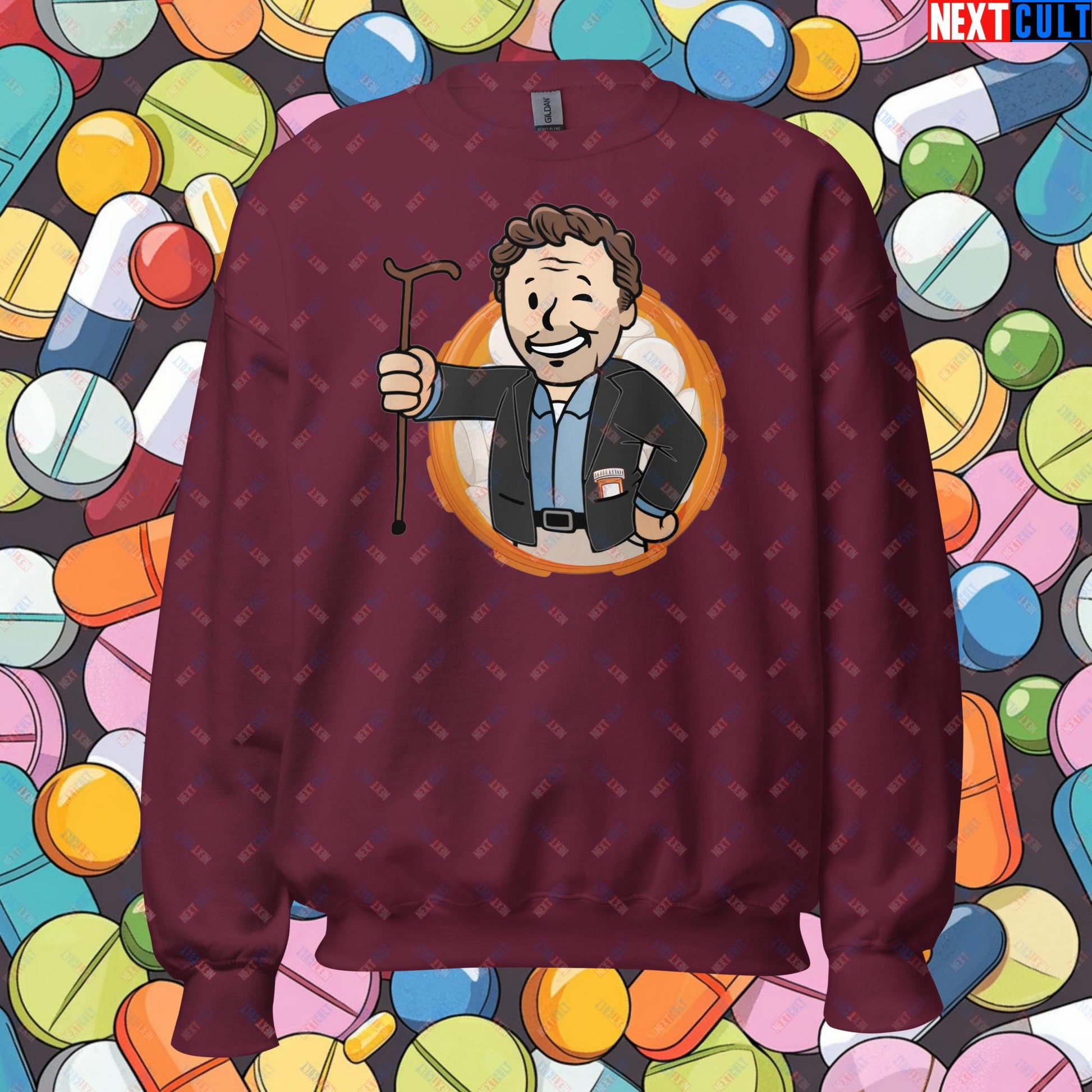 Doctor House M.D. Vault Boy Fallout Funny Meme Cartoon Mashup Unisex Sweatshirt Maroon Sweatshirts Fallout House M.D. TV Shows Vault Boy Next Cult Brand