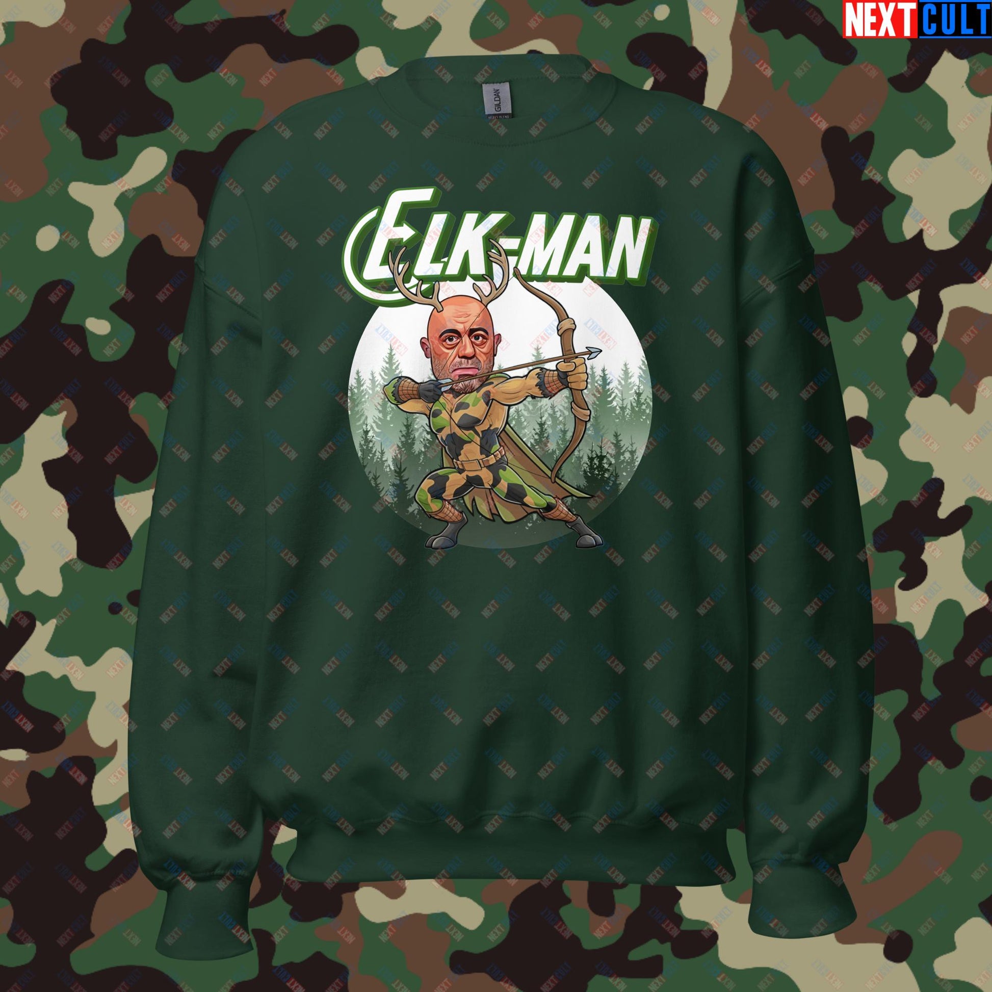 Elk-Man Joe Rogan Funny Hunting JRE Podcast Unisex Sweatshirt Forest Green Sweatshirts Next Cult Brand