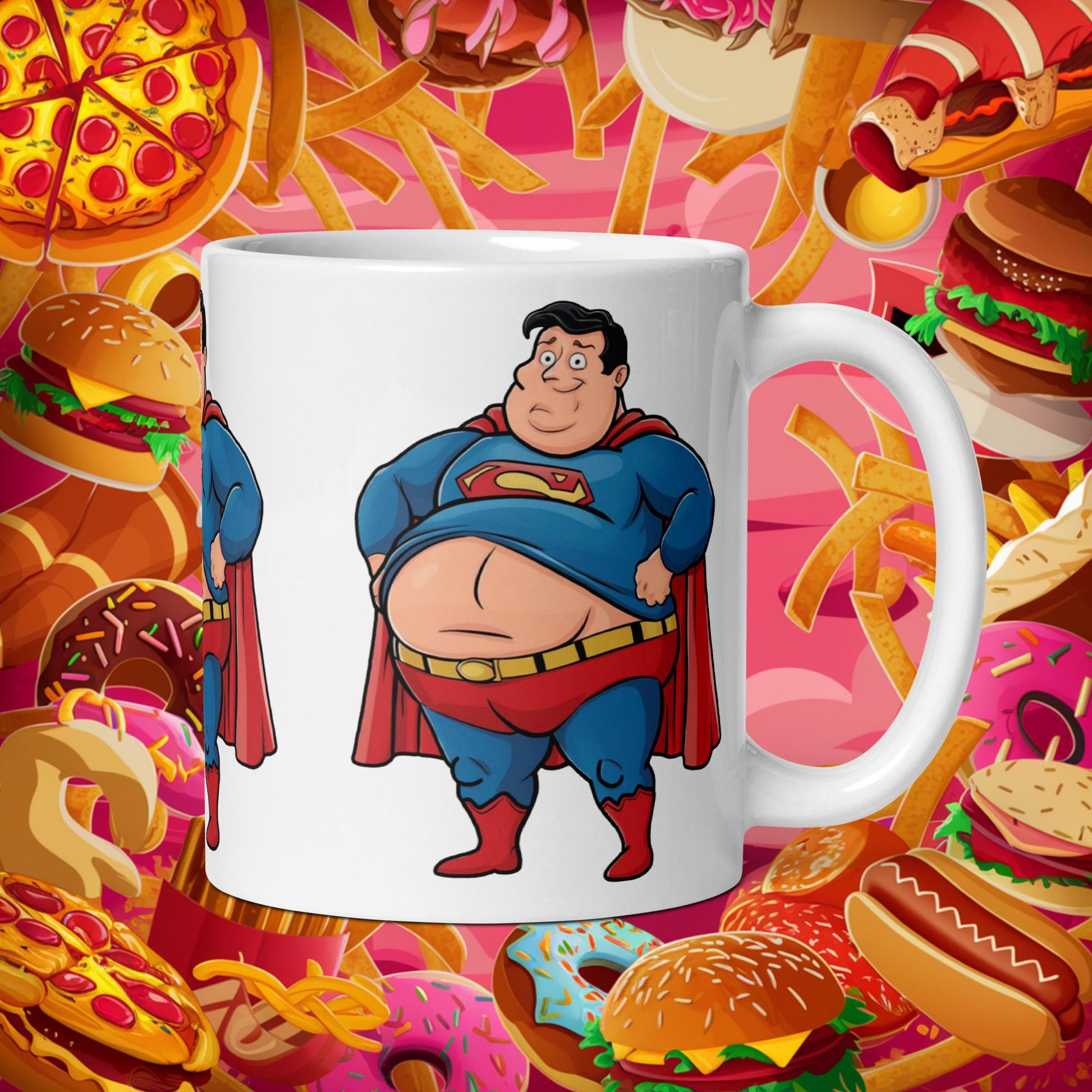 Fat Superhero Funny Inaction Hero White glossy mug Next Cult Brand