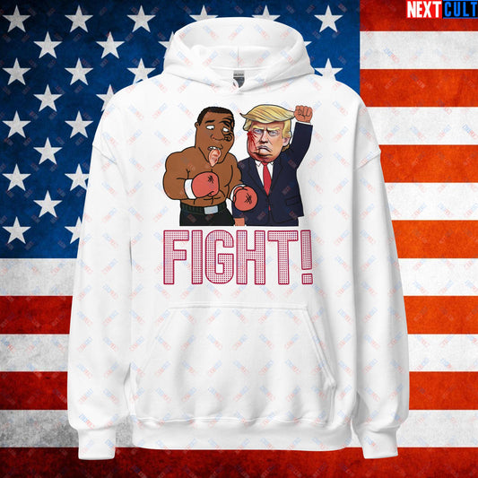 Fight Donald Trump Shooting Meme Funny Mike Tyson Ear Unisex Hoodie White Hoodies Boxing Conspiracy Theories Donald Trump Mike Tyson Politics Republicans Next Cult Brand