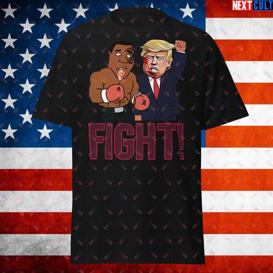 Fight Donald Trump Shooting Meme Funny Mike Tyson Ear Unisex tee Black T-shirts Boxing Conspiracy Theories Donald Trump Mike Tyson Politics Republicans Next Cult Brand