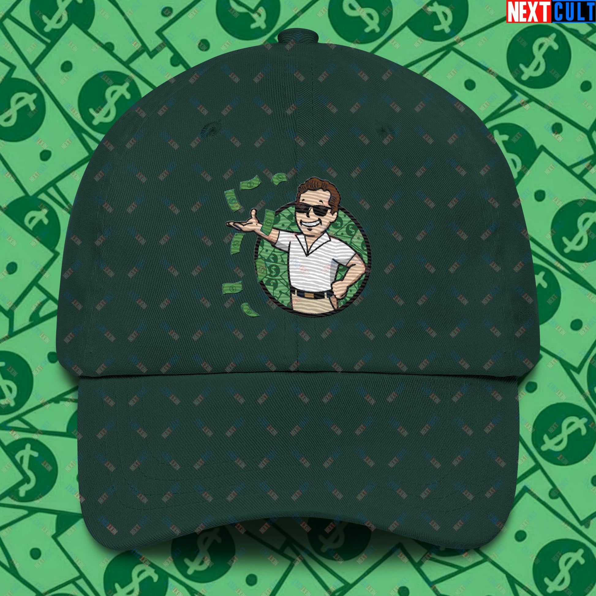 Finance Boy Wolf of Wall Street Leonardo DiCaprio Vault Boy Fallout Funny Meme Cartoon Mashup Dad hat Spruce Hats Fallout Leonardo DiCaprio Movies The Wolf of Wall Street Vault Boy Next Cult Brand