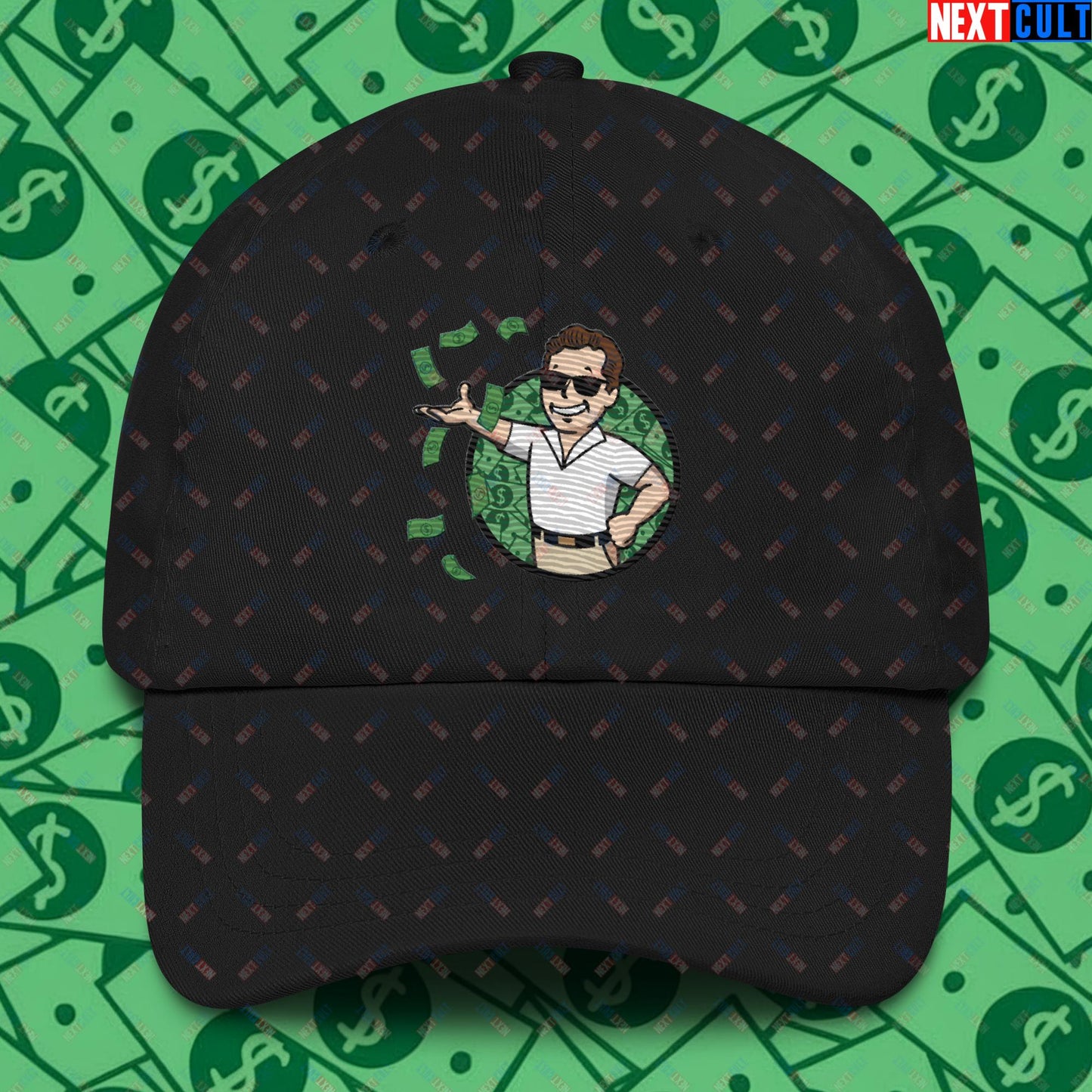 Finance Boy Wolf of Wall Street Leonardo DiCaprio Vault Boy Fallout Funny Meme Cartoon Mashup Dad hat Black Hats Fallout Leonardo DiCaprio Movies The Wolf of Wall Street Vault Boy Next Cult Brand