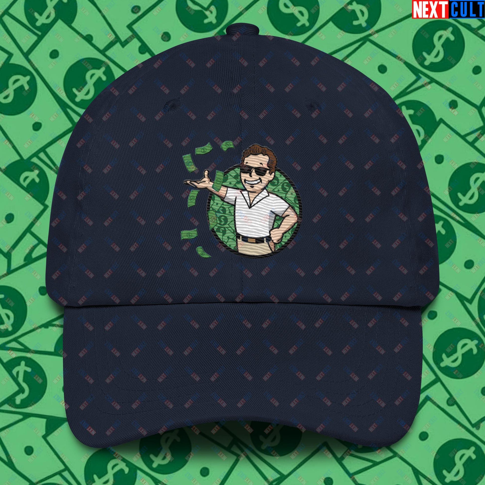 Finance Boy Wolf of Wall Street Leonardo DiCaprio Vault Boy Fallout Funny Meme Cartoon Mashup Dad hat Navy Hats Fallout Leonardo DiCaprio Movies The Wolf of Wall Street Vault Boy Next Cult Brand