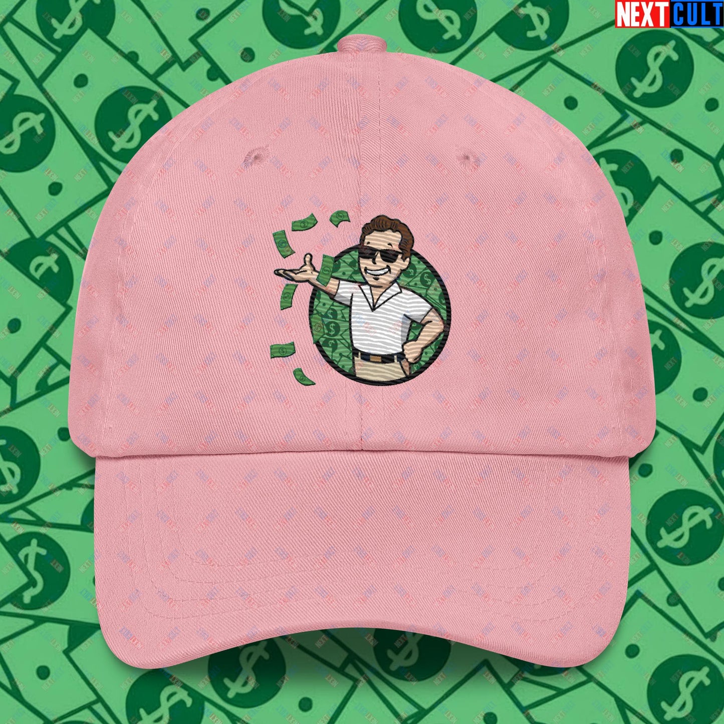 Finance Boy Wolf of Wall Street Leonardo DiCaprio Vault Boy Fallout Funny Meme Cartoon Mashup Dad hat Pink Hats Fallout Leonardo DiCaprio Movies The Wolf of Wall Street Vault Boy Next Cult Brand