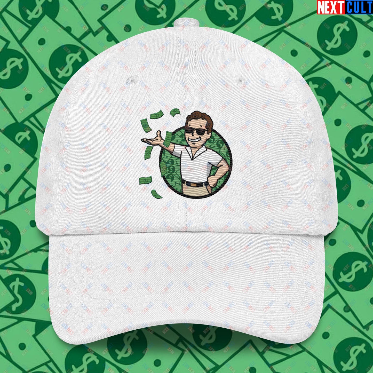 Finance Boy Wolf of Wall Street Leonardo DiCaprio Vault Boy Fallout Funny Meme Cartoon Mashup Dad hat White Hats Fallout Leonardo DiCaprio Movies The Wolf of Wall Street Vault Boy Next Cult Brand