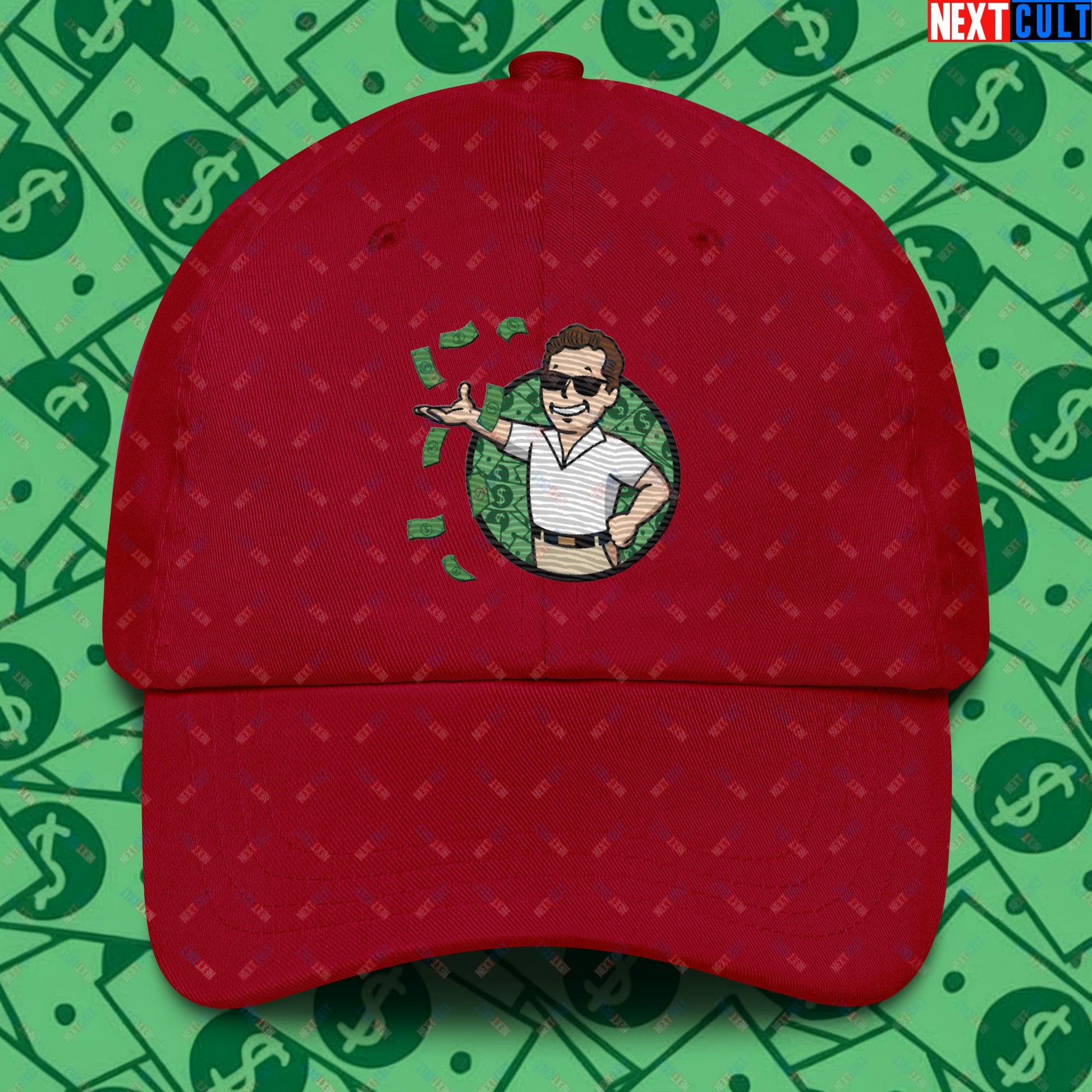 Finance Boy Wolf of Wall Street Leonardo DiCaprio Vault Boy Fallout Funny Meme Cartoon Mashup Dad hat Cranberry Hats Fallout Leonardo DiCaprio Movies The Wolf of Wall Street Vault Boy Next Cult Brand