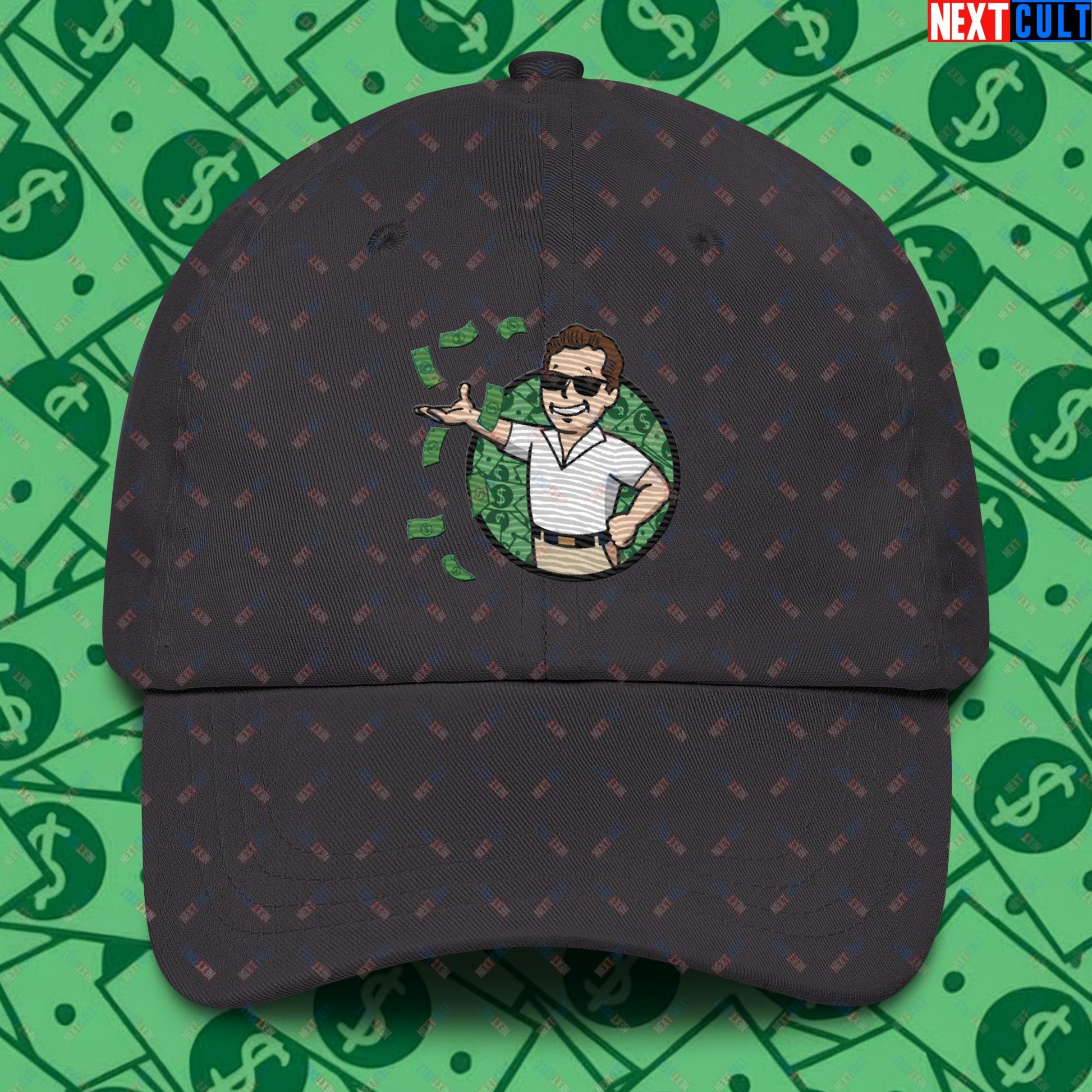 Finance Boy Wolf of Wall Street Leonardo DiCaprio Vault Boy Fallout Funny Meme Cartoon Mashup Dad hat Dark Grey Hats Fallout Leonardo DiCaprio Movies The Wolf of Wall Street Vault Boy Next Cult Brand