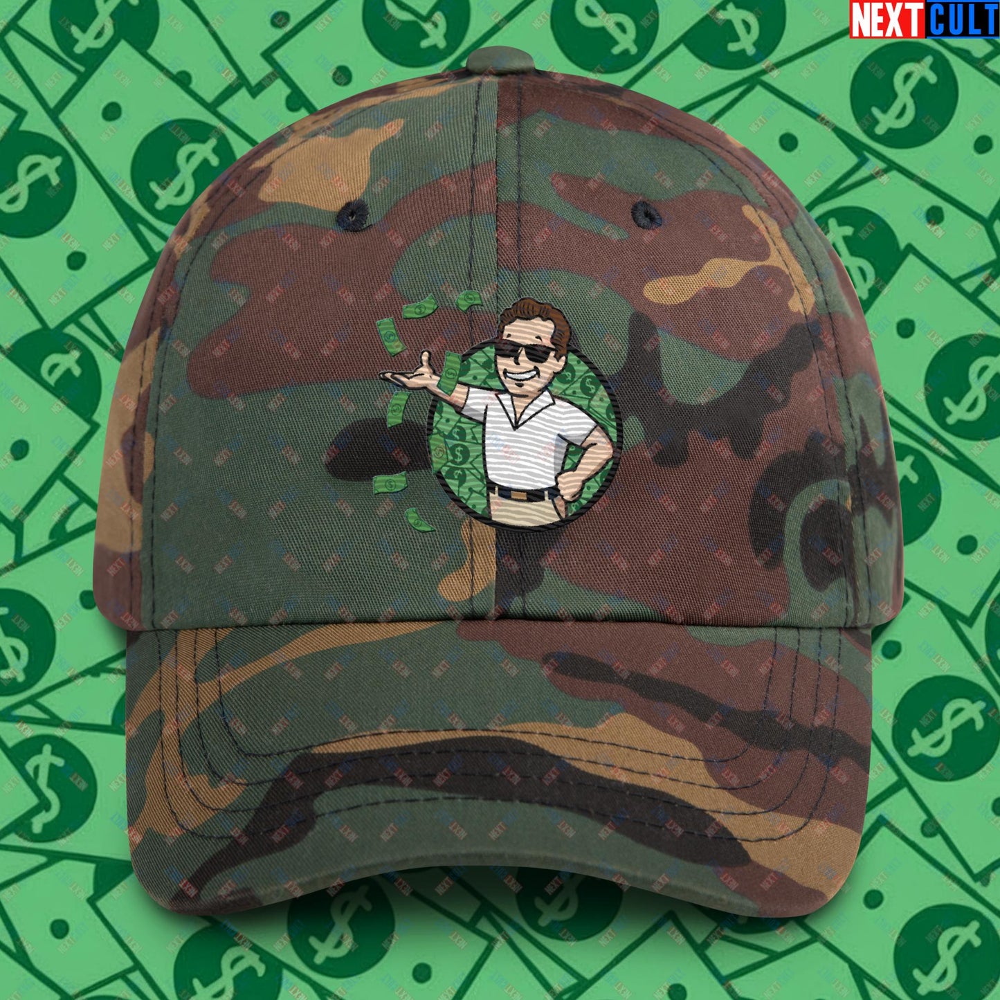 Finance Boy Wolf of Wall Street Leonardo DiCaprio Vault Boy Fallout Funny Meme Cartoon Mashup Dad hat Green Camo Hats Fallout Leonardo DiCaprio Movies The Wolf of Wall Street Vault Boy Next Cult Brand