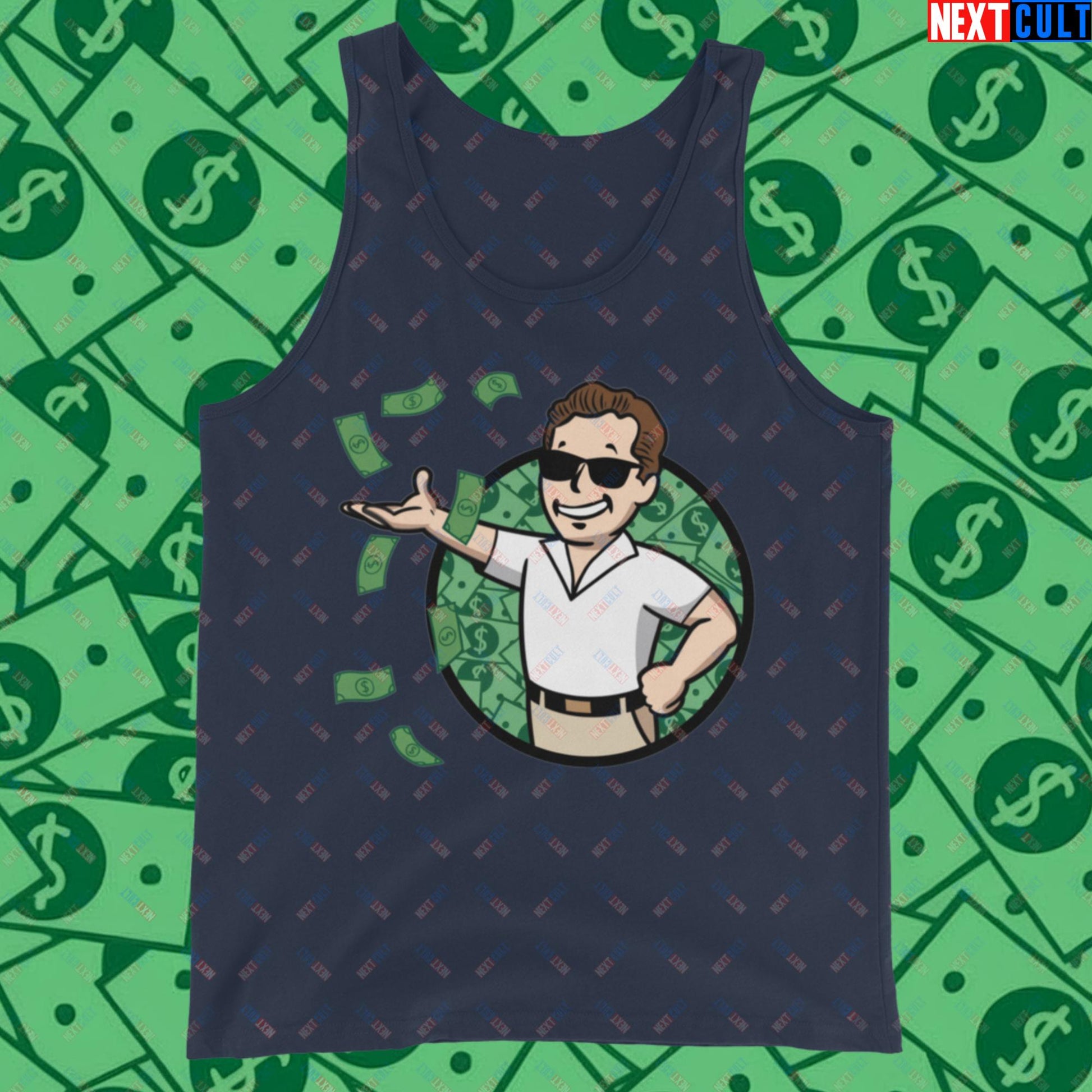 Finance Boy Wolf of Wall Street Leonardo DiCaprio Vault Boy Fallout Funny Meme Cartoon Mashup Tank Top Navy Tank Tops Fallout Leonardo DiCaprio Movies The Wolf of Wall Street Vault Boy Next Cult Brand