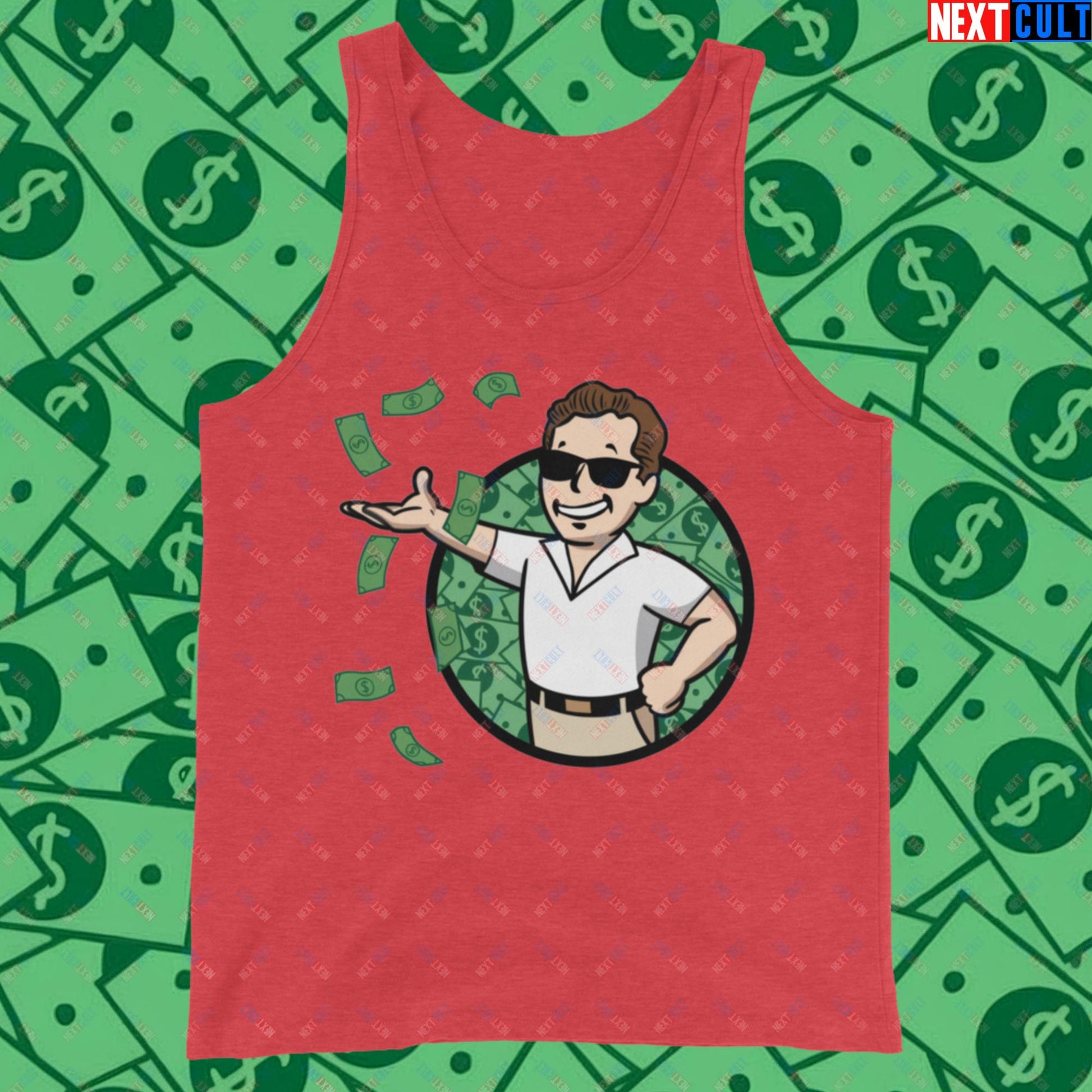 Finance Boy Wolf of Wall Street Leonardo DiCaprio Vault Boy Fallout Funny Meme Cartoon Mashup Tank Top Red Triblend Tank Tops Fallout Leonardo DiCaprio Movies The Wolf of Wall Street Vault Boy Next Cult Brand