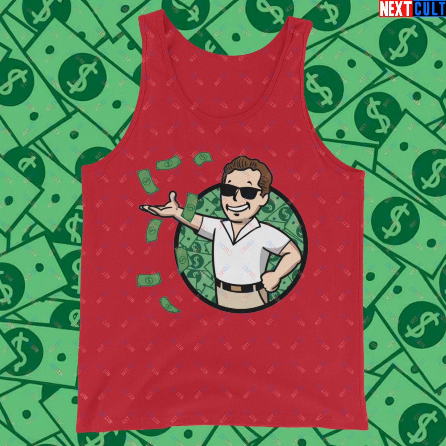 Finance Boy Wolf of Wall Street Leonardo DiCaprio Vault Boy Fallout Funny Meme Cartoon Mashup Tank Top Red Tank Tops Fallout Leonardo DiCaprio Movies The Wolf of Wall Street Vault Boy Next Cult Brand