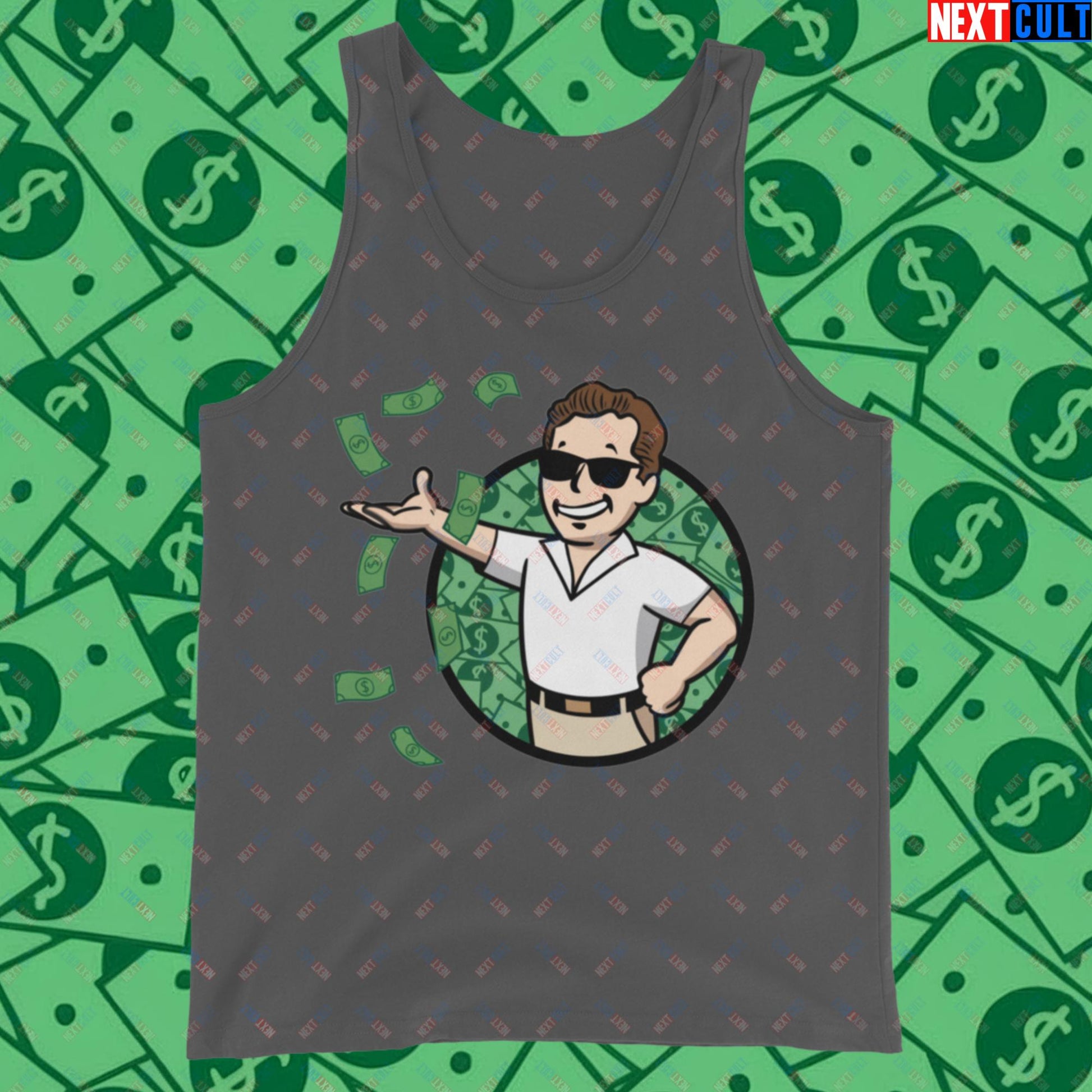 Finance Boy Wolf of Wall Street Leonardo DiCaprio Vault Boy Fallout Funny Meme Cartoon Mashup Tank Top Asphalt Tank Tops Fallout Leonardo DiCaprio Movies The Wolf of Wall Street Vault Boy Next Cult Brand