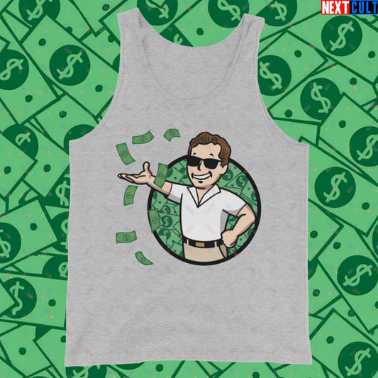 Finance Boy Wolf of Wall Street Leonardo DiCaprio Vault Boy Fallout Funny Meme Cartoon Mashup Tank Top Athletic Heather Tank Tops Fallout Leonardo DiCaprio Movies The Wolf of Wall Street Vault Boy Next Cult Brand