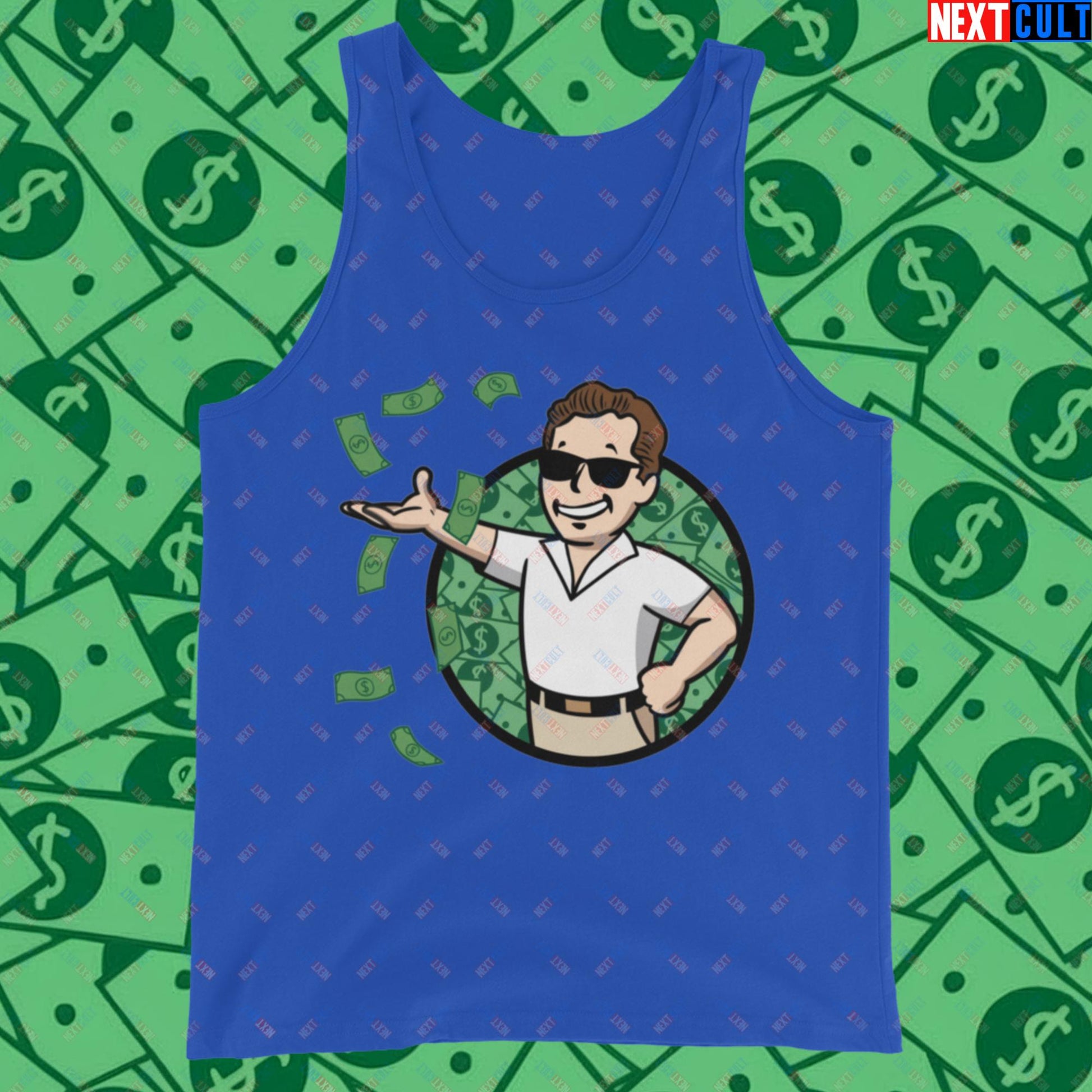 Finance Boy Wolf of Wall Street Leonardo DiCaprio Vault Boy Fallout Funny Meme Cartoon Mashup Tank Top True Royal Tank Tops Fallout Leonardo DiCaprio Movies The Wolf of Wall Street Vault Boy Next Cult Brand