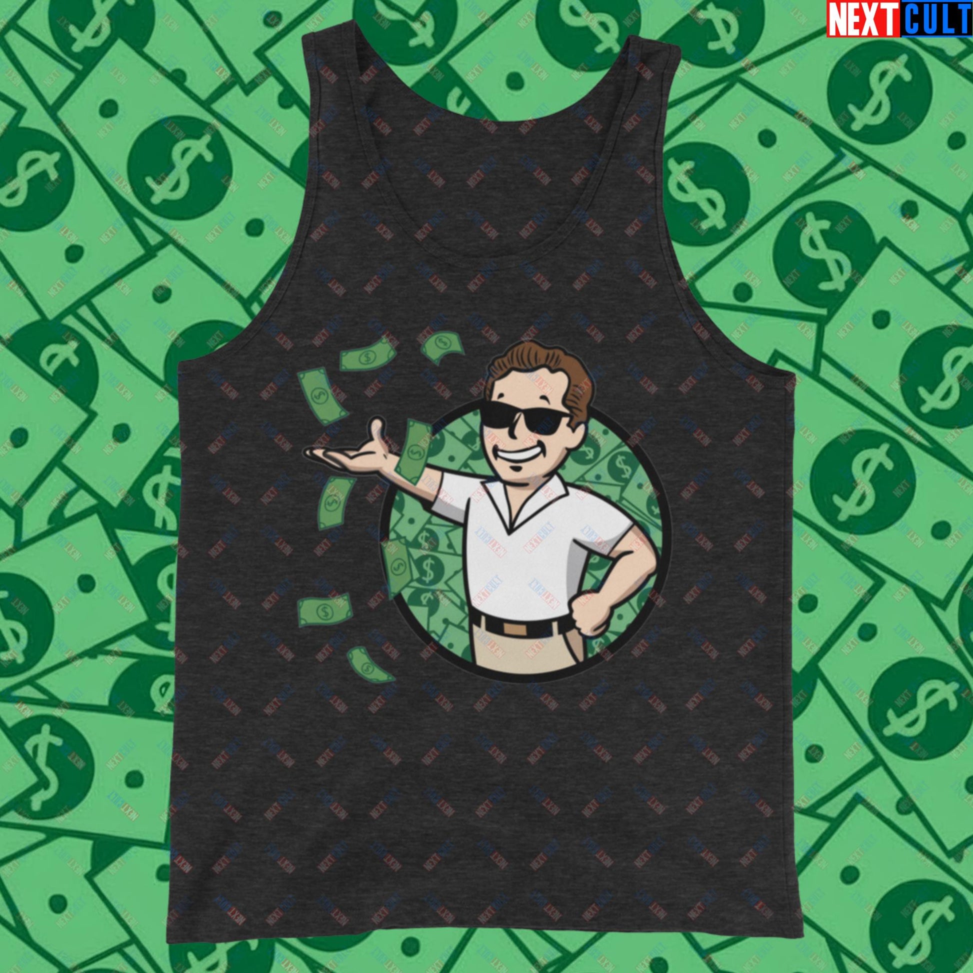 Finance Boy Wolf of Wall Street Leonardo DiCaprio Vault Boy Fallout Funny Meme Cartoon Mashup Tank Top Charcoal-Black Triblend Tank Tops Fallout Leonardo DiCaprio Movies The Wolf of Wall Street Vault Boy Next Cult Brand