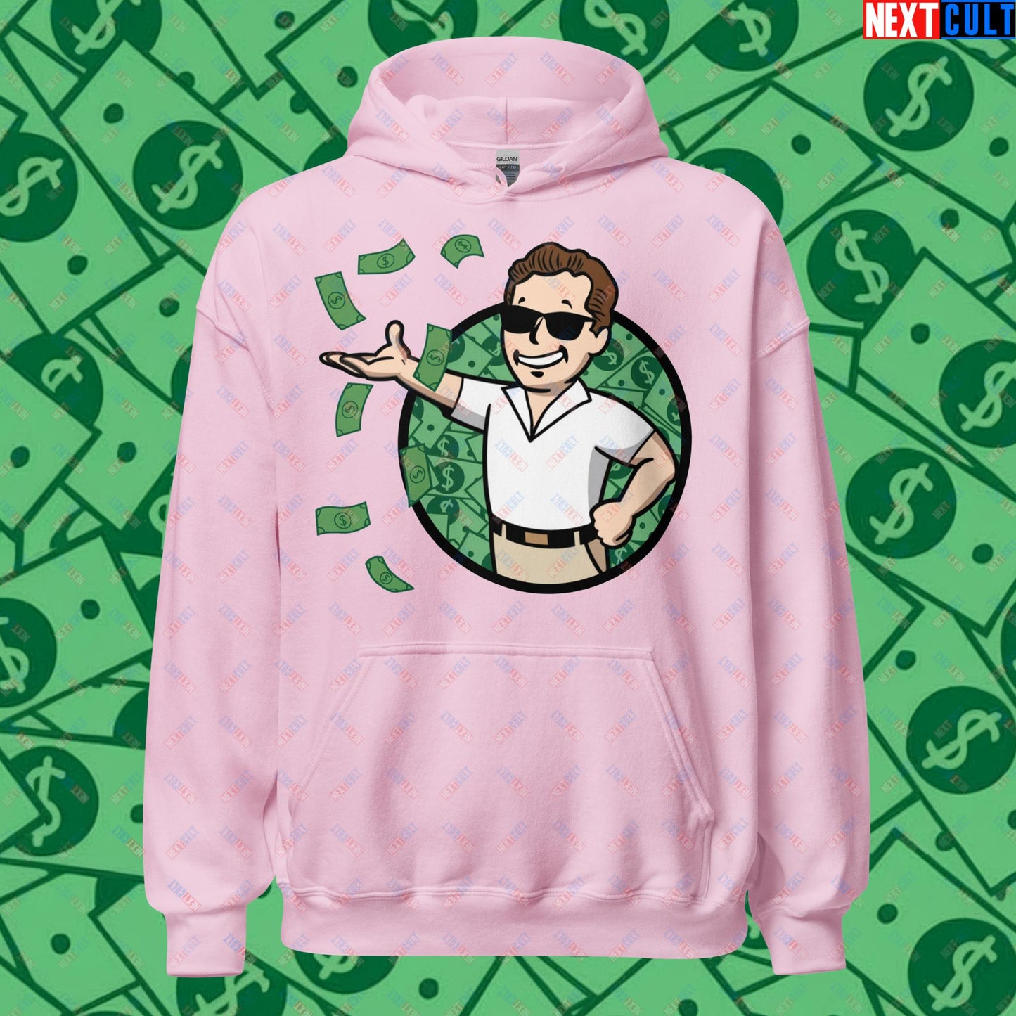 Finance Boy Wolf of Wall Street Leonardo DiCaprio Vault Boy Fallout Funny Meme Cartoon Mashup Unisex Hoodie Light Pink Hoodies Fallout Leonardo DiCaprio Movies The Wolf of Wall Street Vault Boy Next Cult Brand