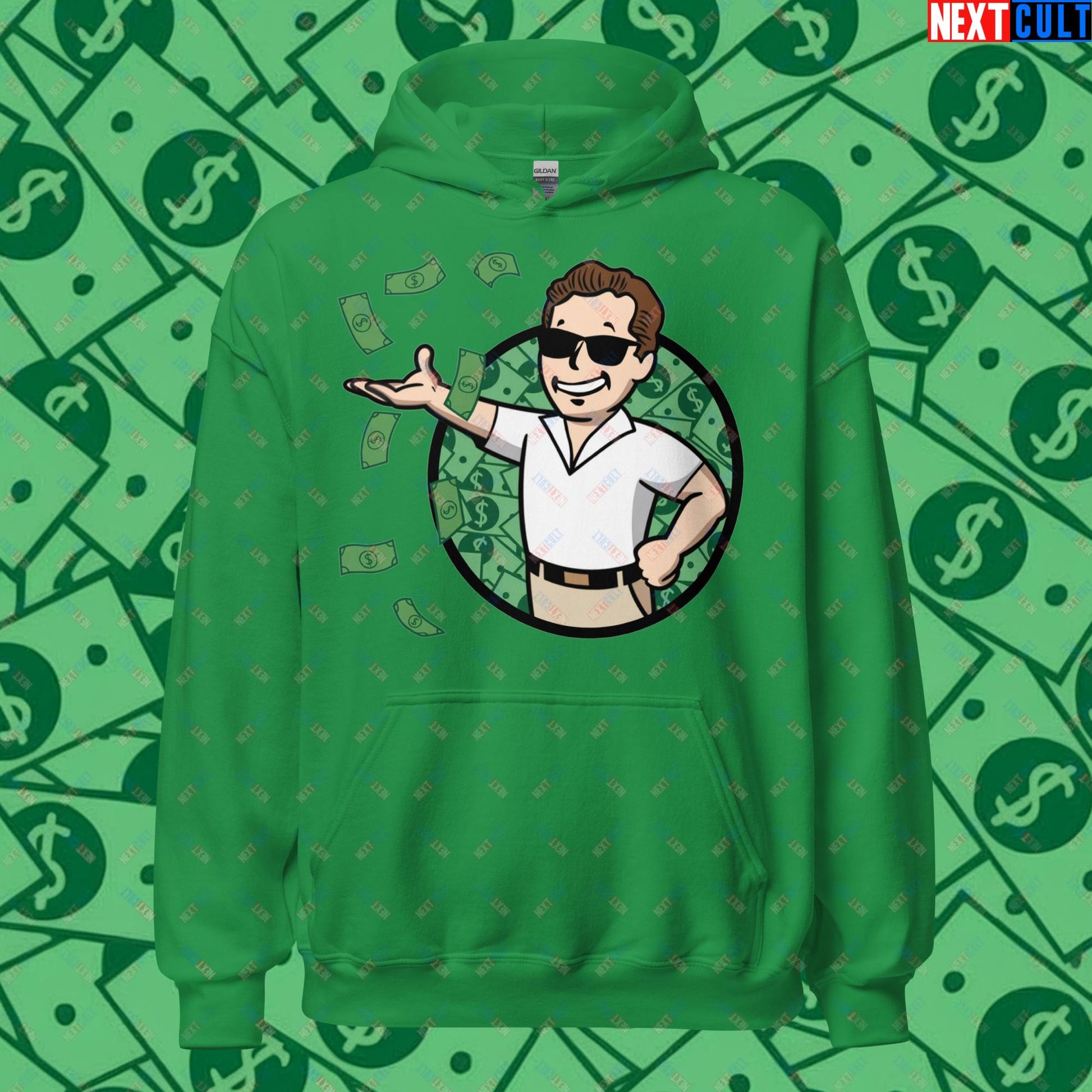 Finance Boy Wolf of Wall Street Leonardo DiCaprio Vault Boy Fallout Funny Meme Cartoon Mashup Unisex Hoodie Irish Green Hoodies Fallout Leonardo DiCaprio Movies The Wolf of Wall Street Vault Boy Next Cult Brand