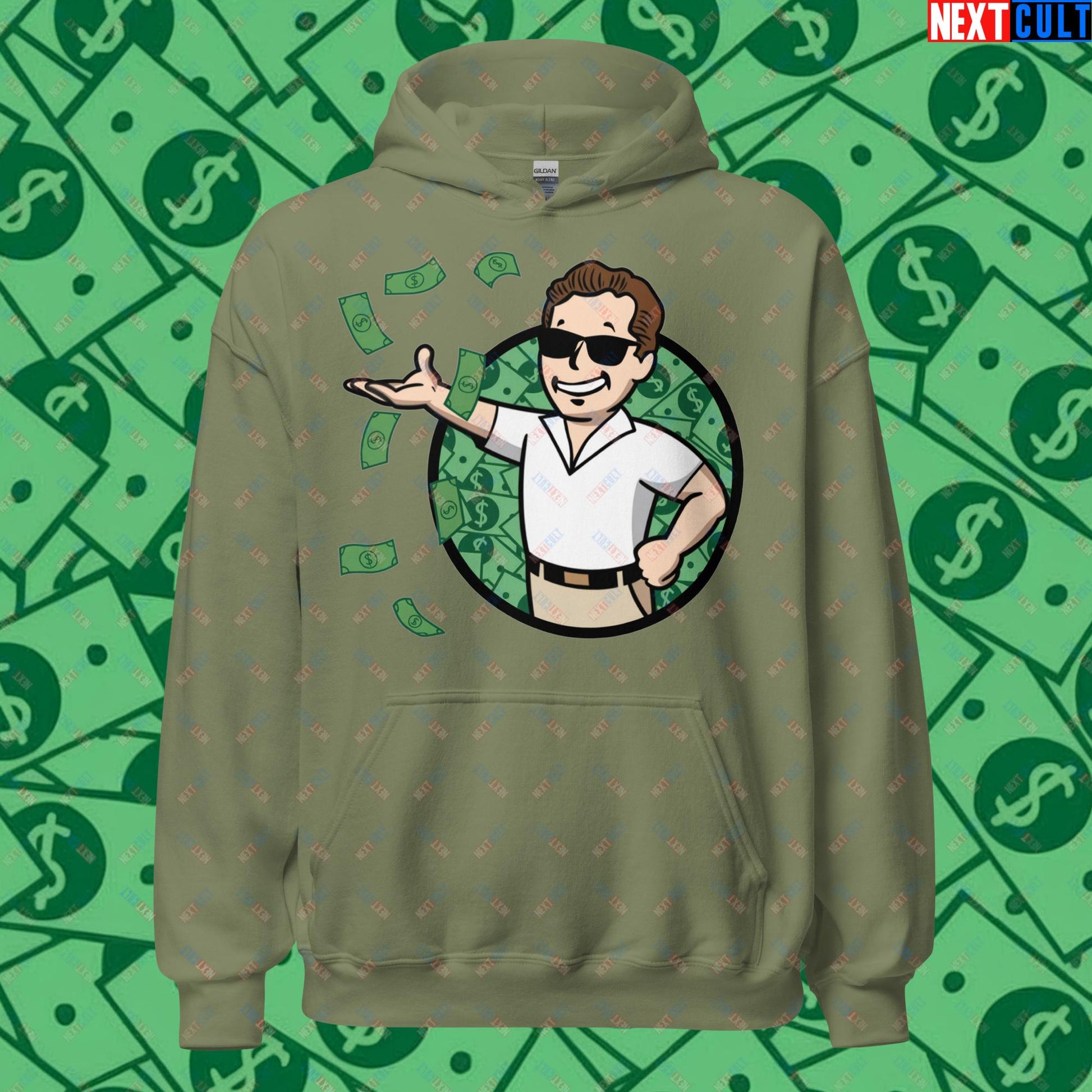 Finance Boy Wolf of Wall Street Leonardo DiCaprio Vault Boy Fallout Funny Meme Cartoon Mashup Unisex Hoodie Military Green Hoodies Fallout Leonardo DiCaprio Movies The Wolf of Wall Street Vault Boy Next Cult Brand