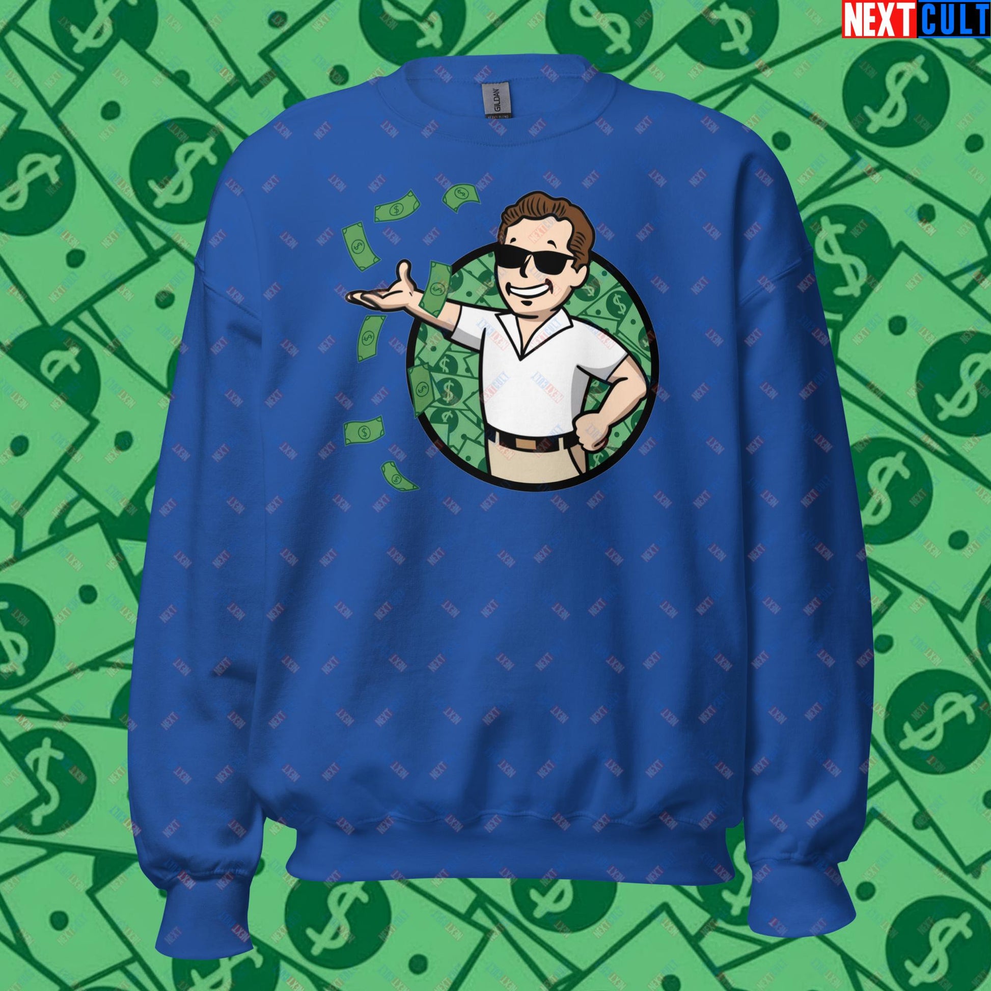 Finance Boy Wolf of Wall Street Leonardo DiCaprio Vault Boy Fallout Funny Meme Cartoon Mashup Unisex Sweatshirt Royal Sweatshirts Fallout Leonardo DiCaprio Movies The Wolf of Wall Street Vault Boy Next Cult Brand