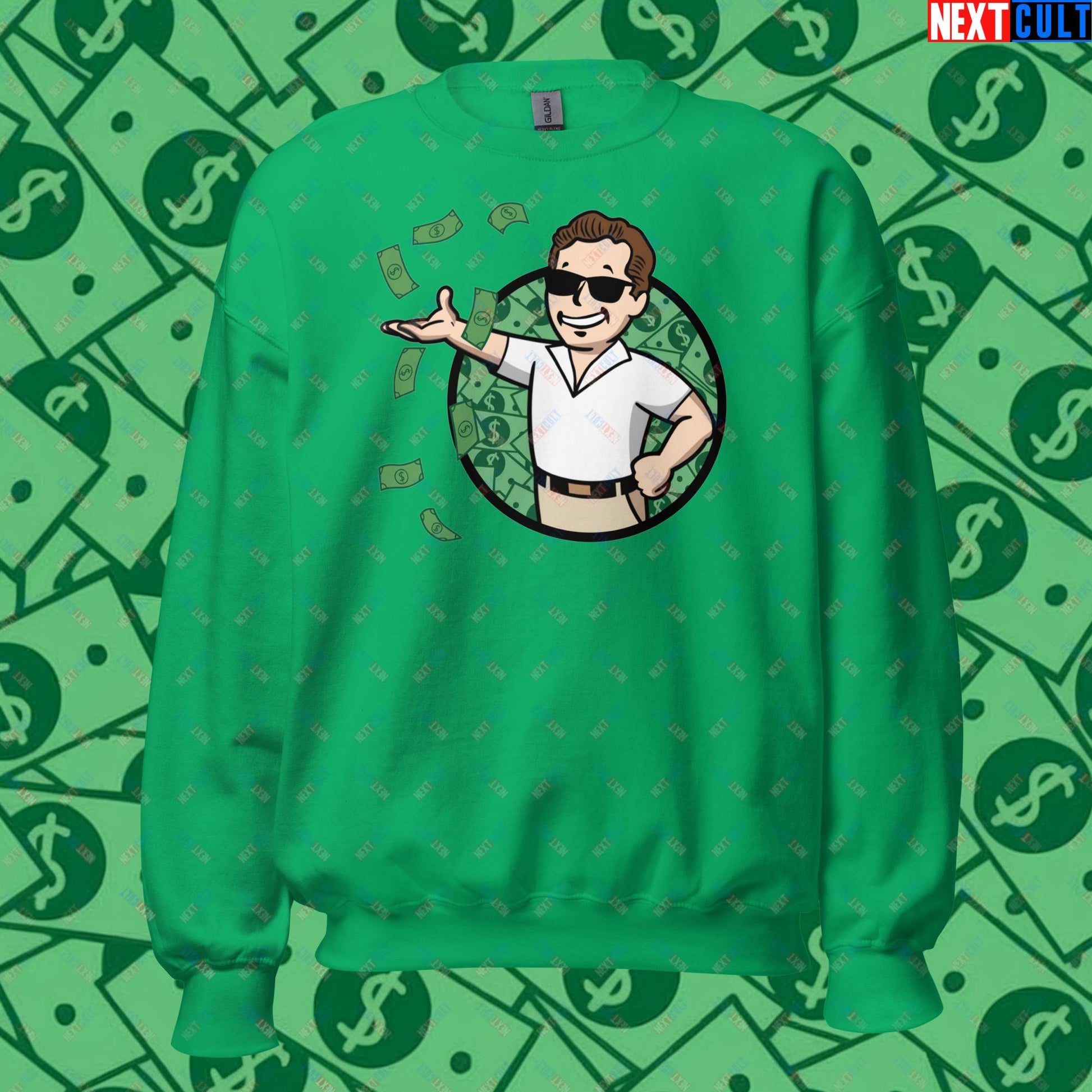 Finance Boy Wolf of Wall Street Leonardo DiCaprio Vault Boy Fallout Funny Meme Cartoon Mashup Unisex Sweatshirt Irish Green Sweatshirts Fallout Leonardo DiCaprio Movies The Wolf of Wall Street Vault Boy Next Cult Brand